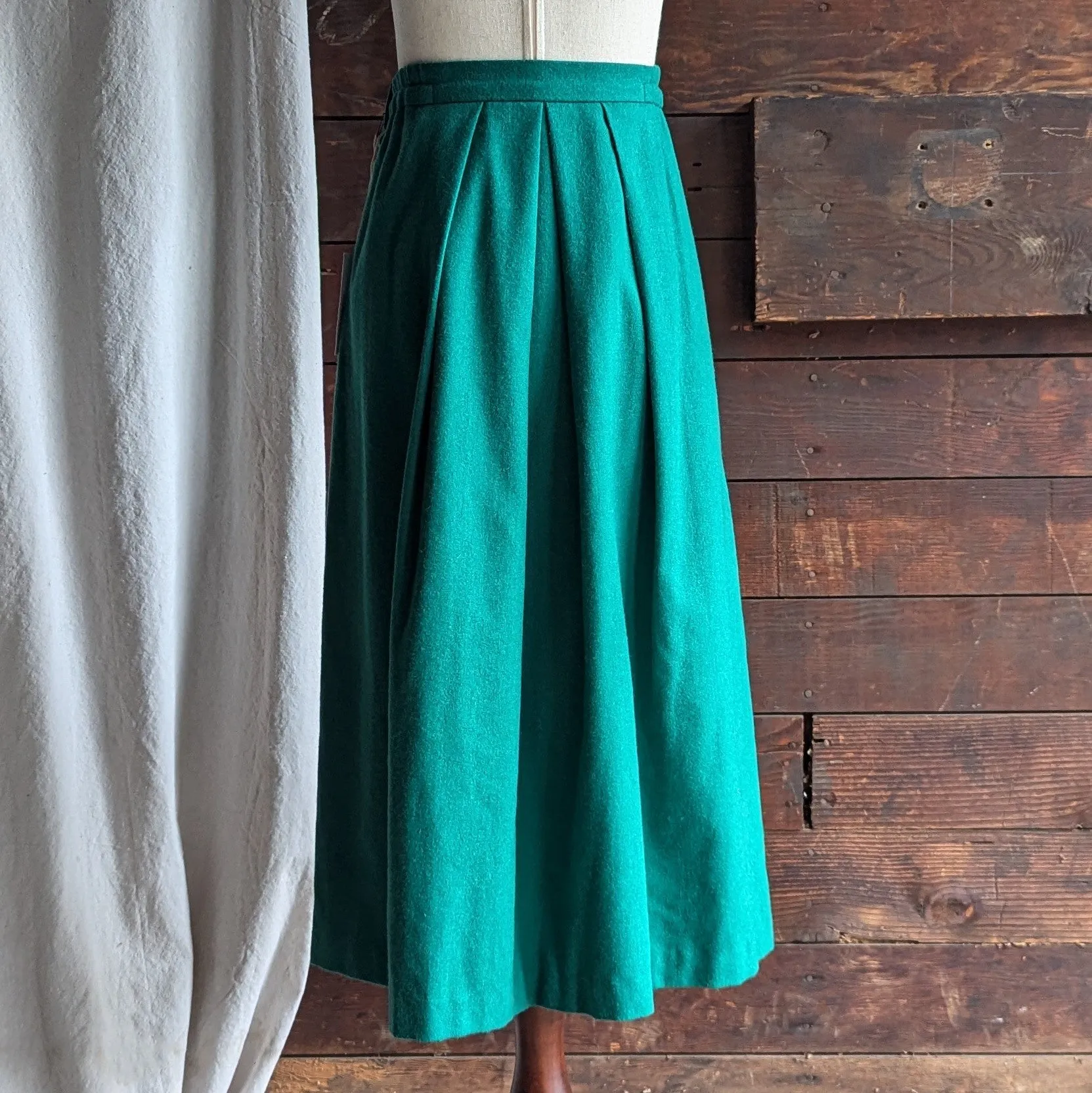 80s Vintage Forest Green Pleated A-Line Skirt