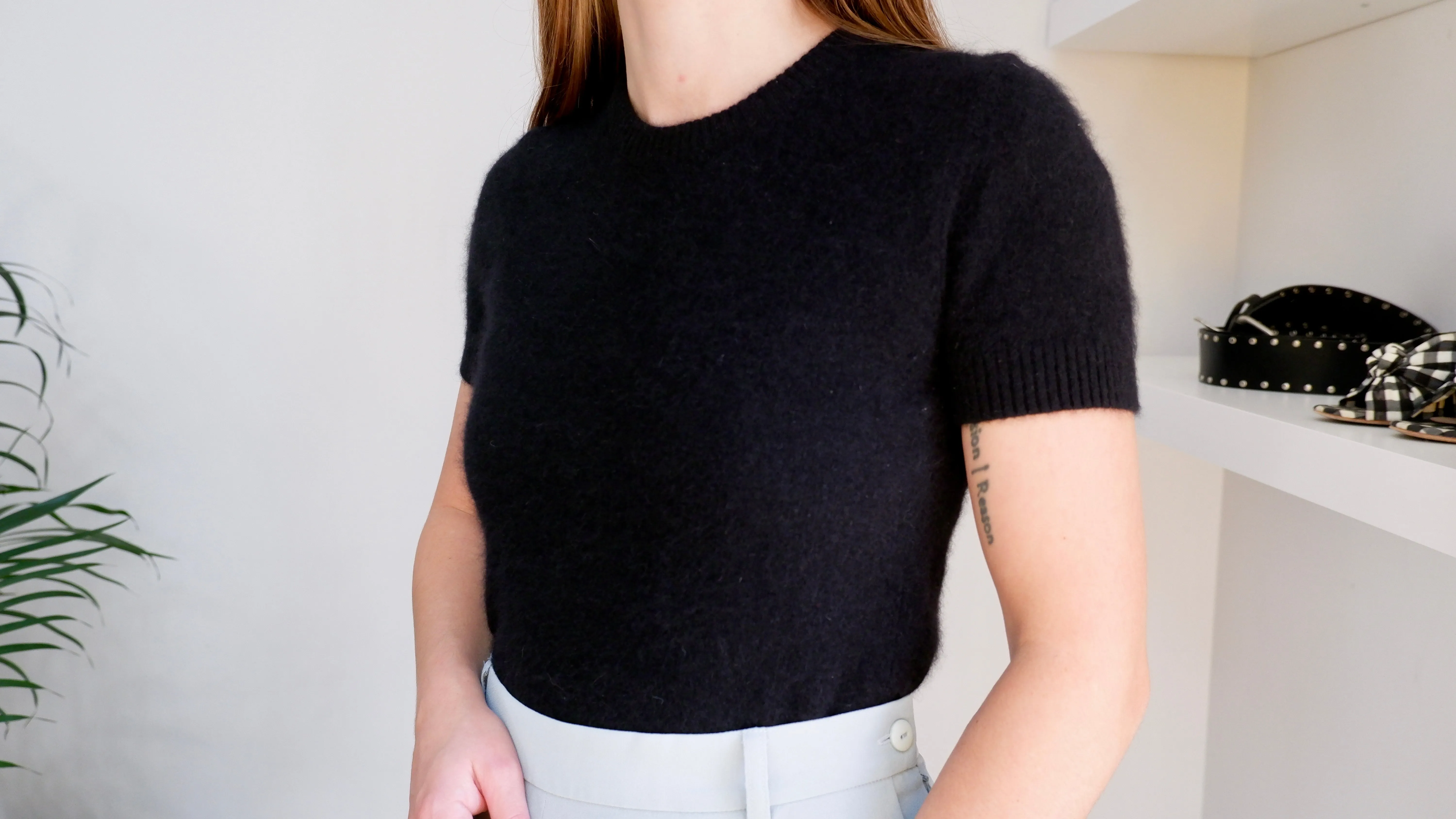 90s Black Angora & Lambswool Cropped Knit Tee - XS