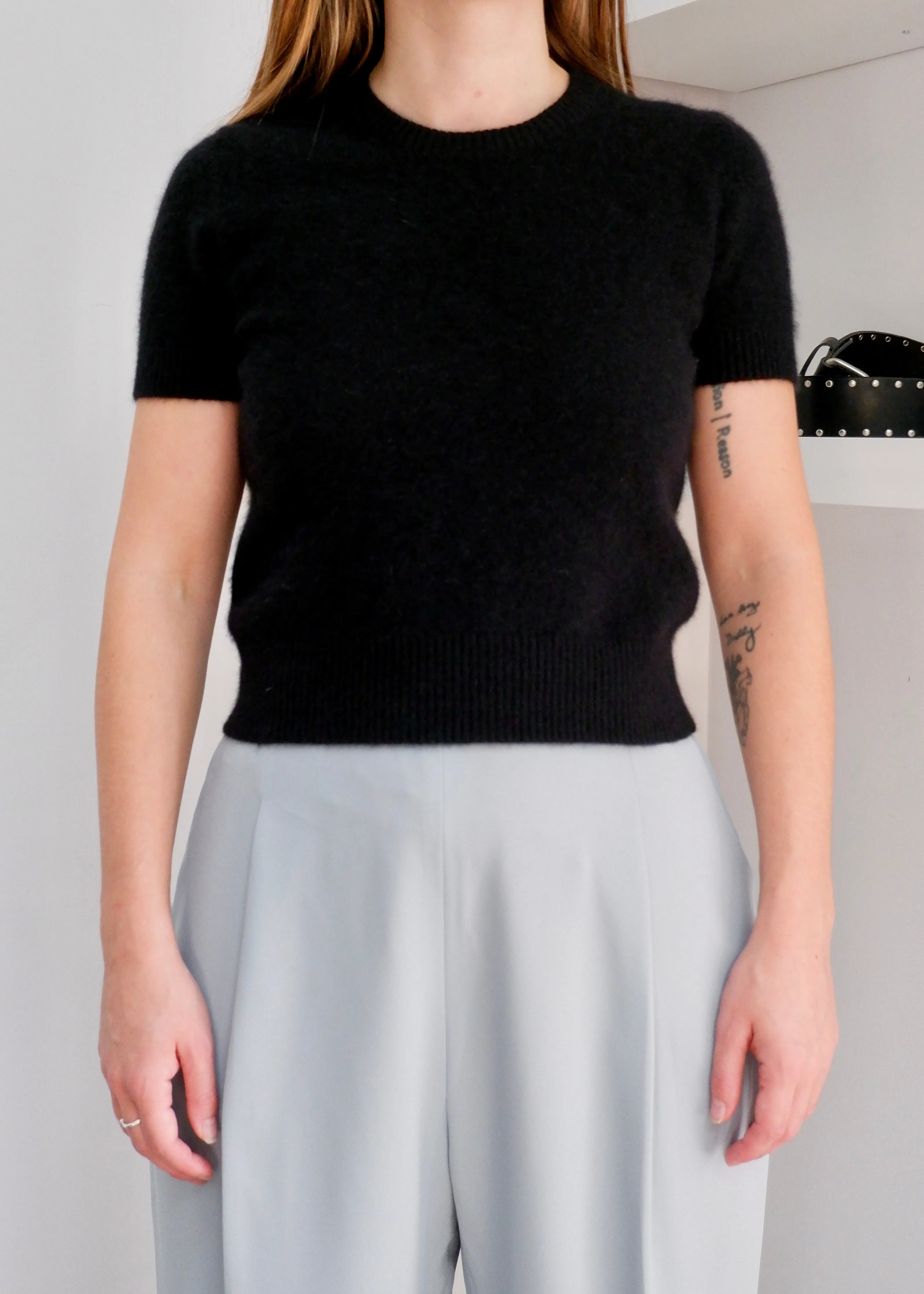 90s Black Angora & Lambswool Cropped Knit Tee - XS