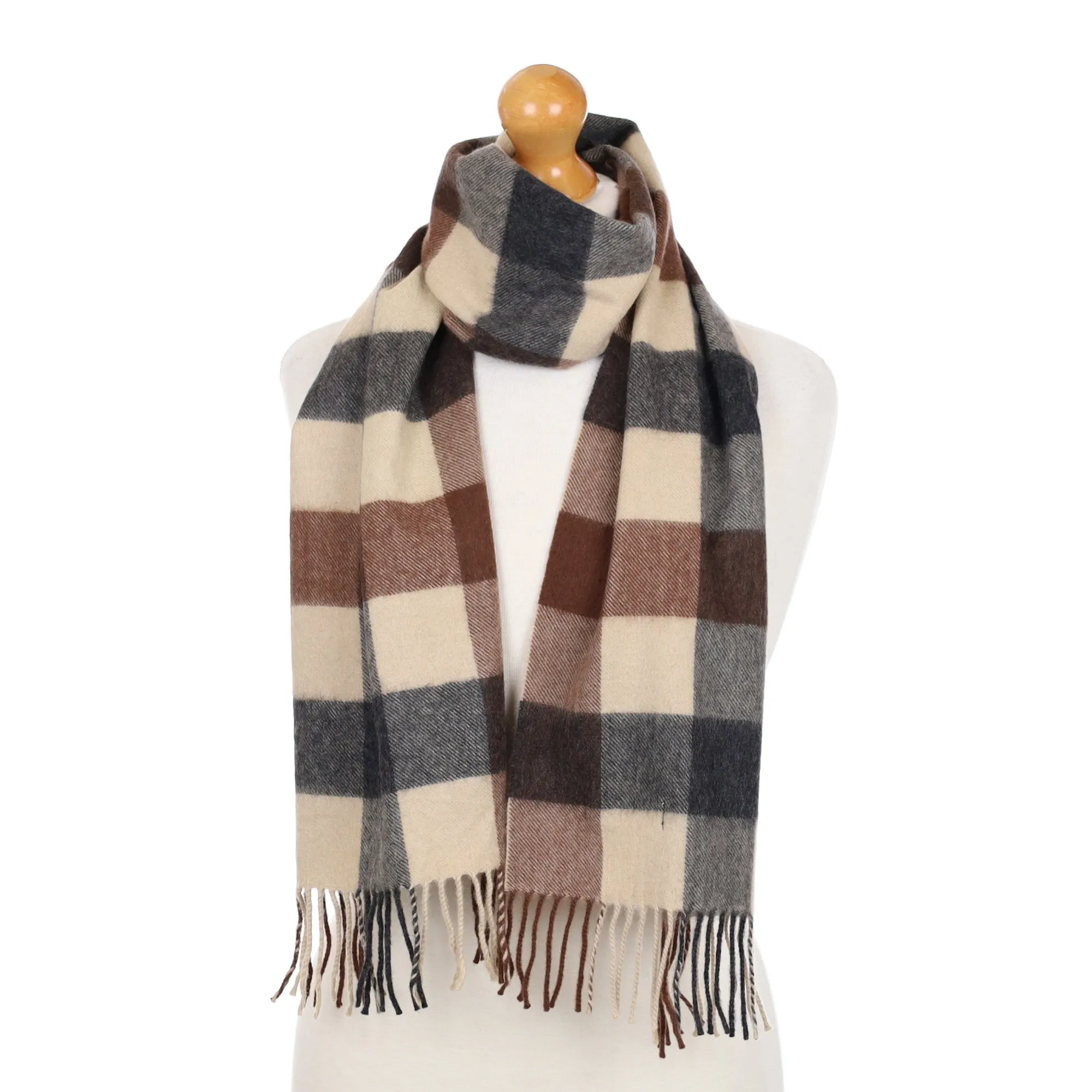 Brown Checked Cashmere Fringed Woven Scarf