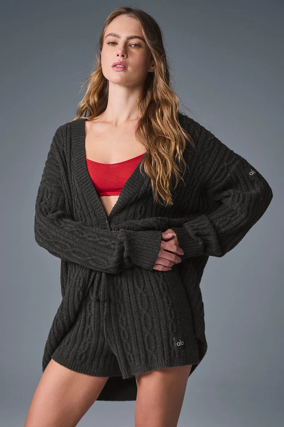 Cable Knit Winter Bliss Cardigan - Dark Heather Grey