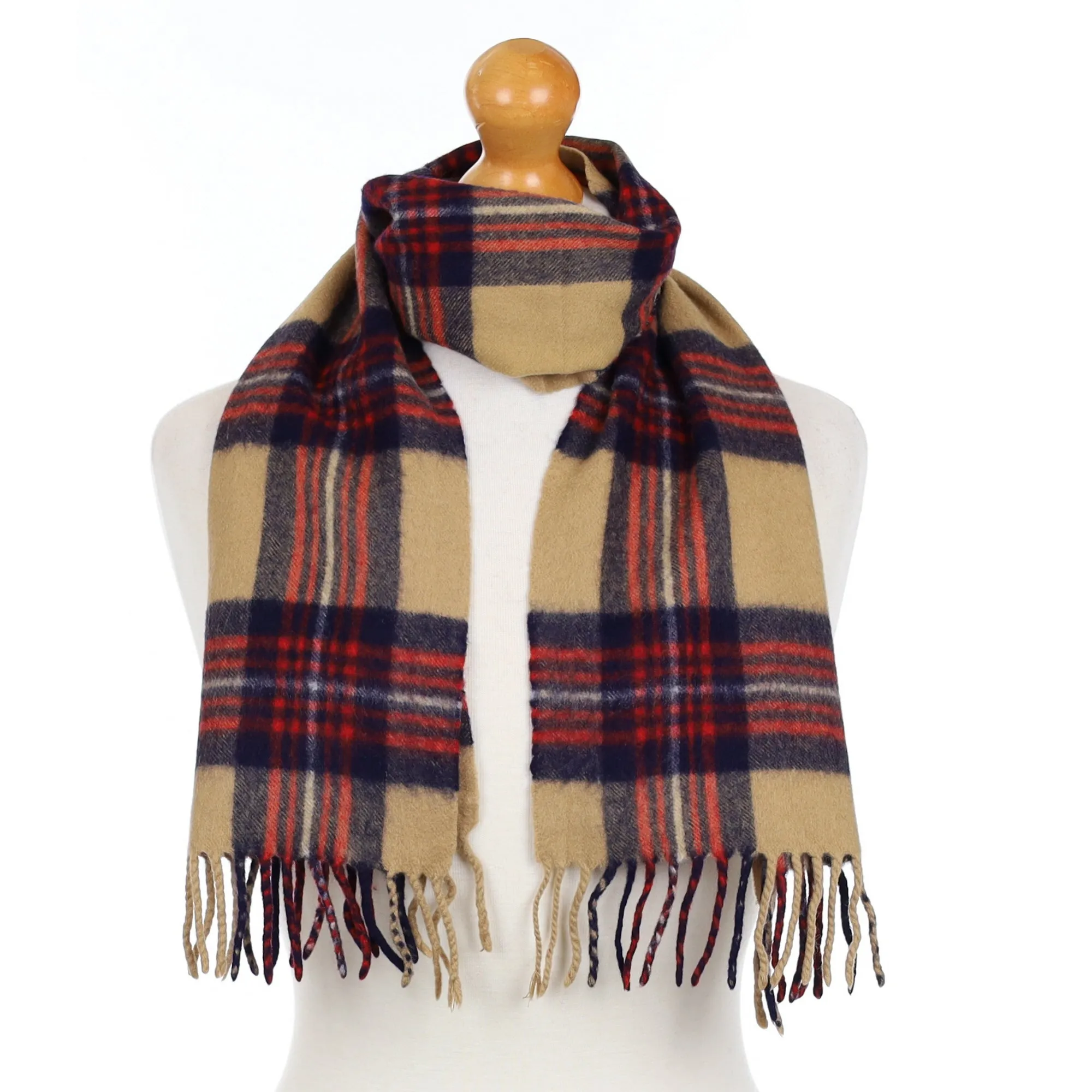 Camel Navy Red Check Cashmere Fringed Woven Scarf