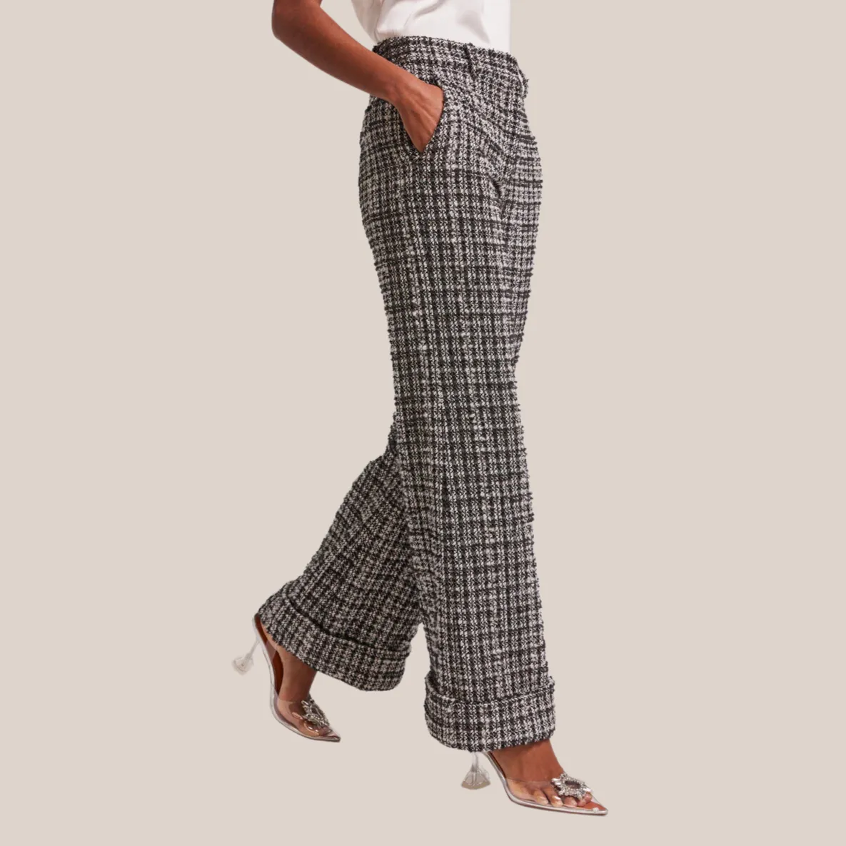 Checks Textured Tweed Wide Leg Pants - Black/White