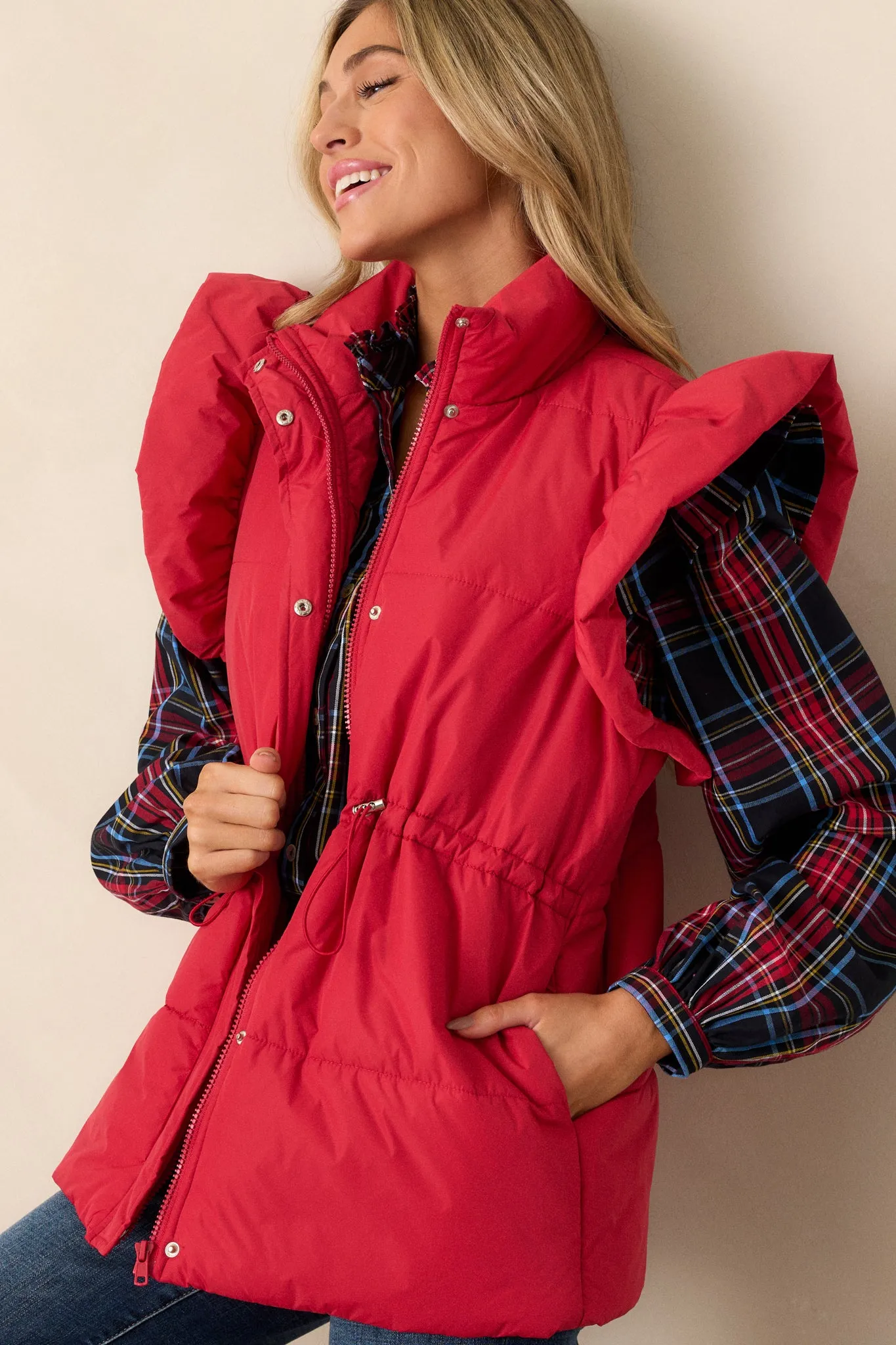 Cherry on Top Red Flutter Sleeve Puffer Vest