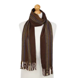 Chocolate Brown Stripe Cashmere Fringed Woven Scarf