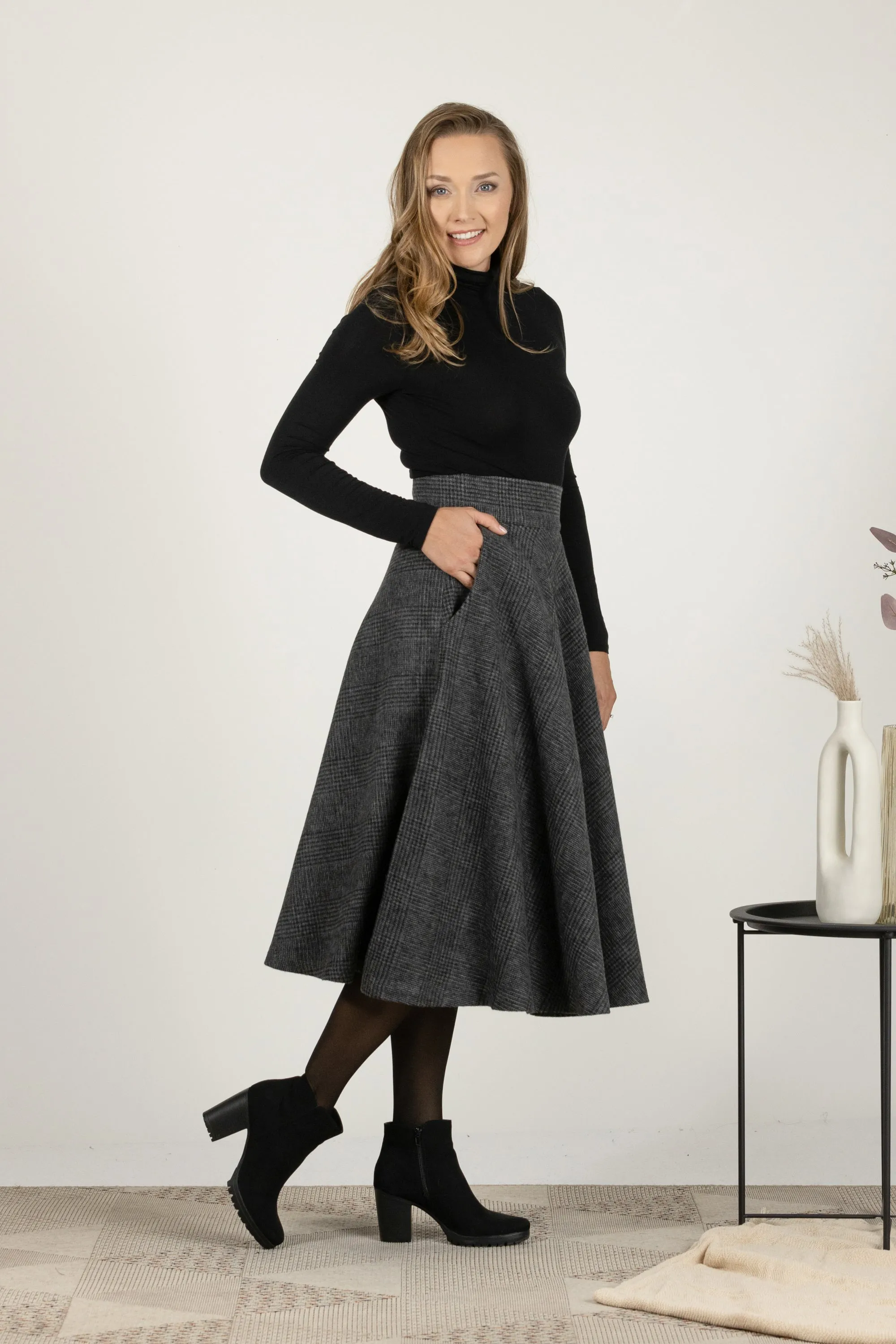 Dark Chocolate High Waist Wool Midi Skirt