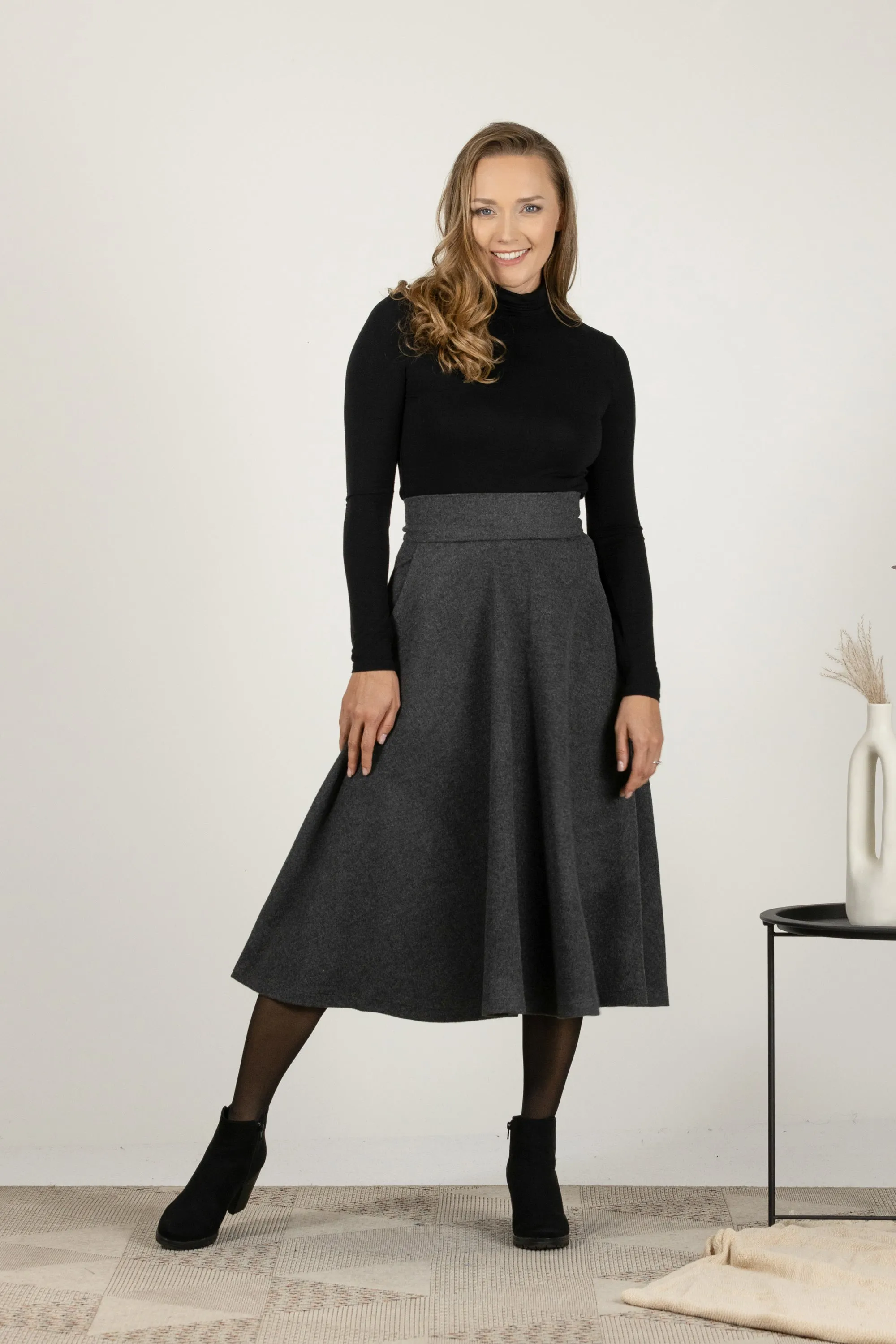 Dark Chocolate High Waist Wool Midi Skirt