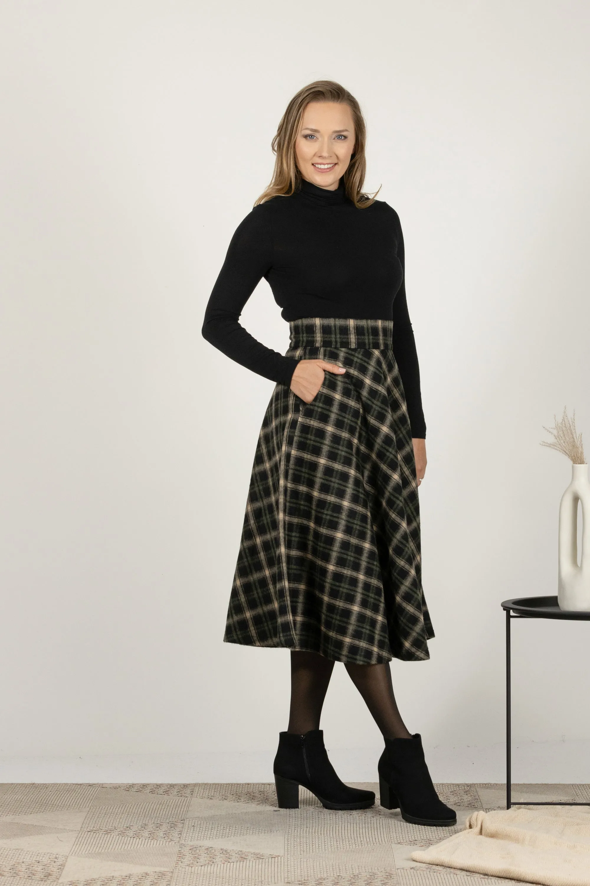 Dark Chocolate High Waist Wool Midi Skirt