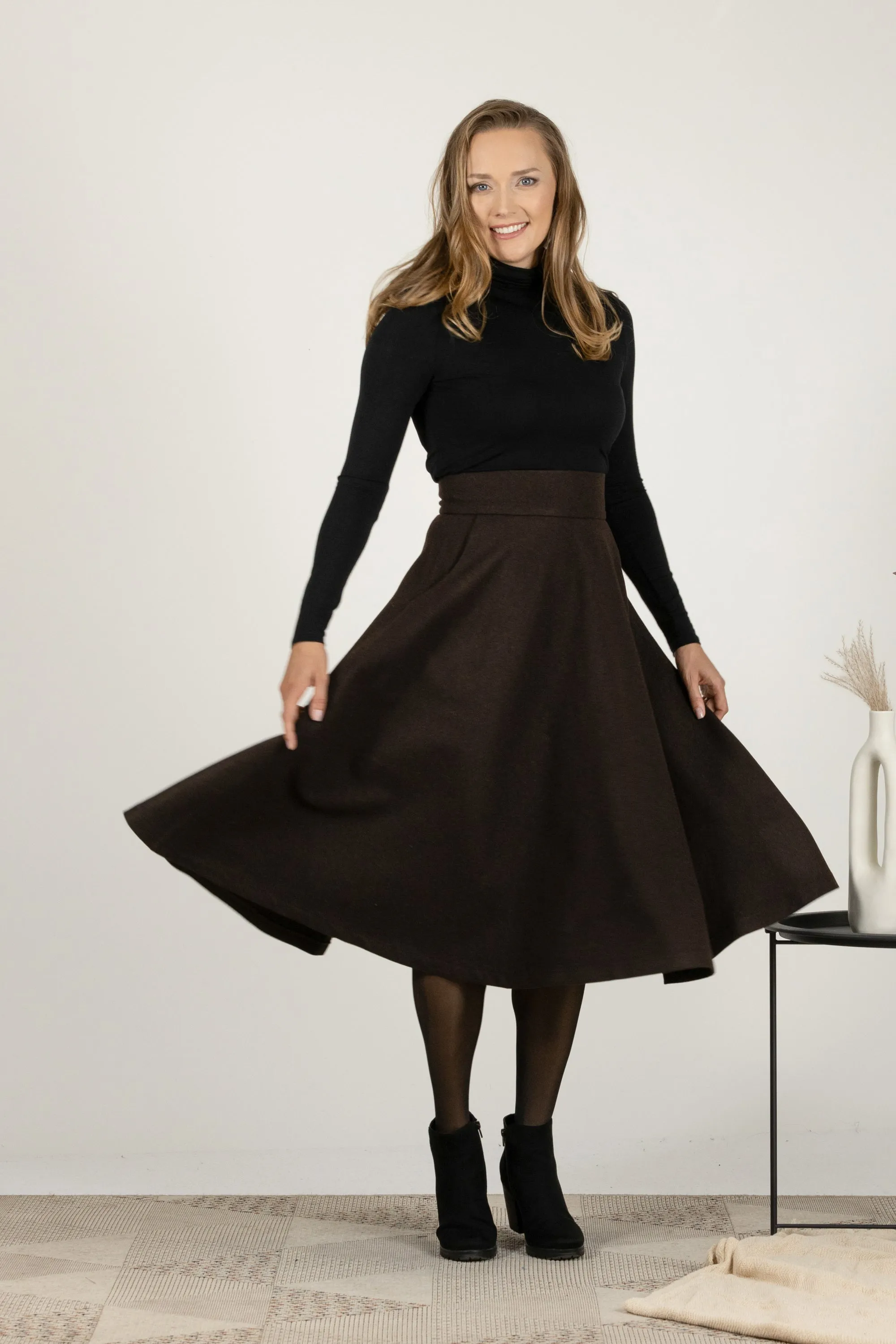 Dark Chocolate High Waist Wool Midi Skirt