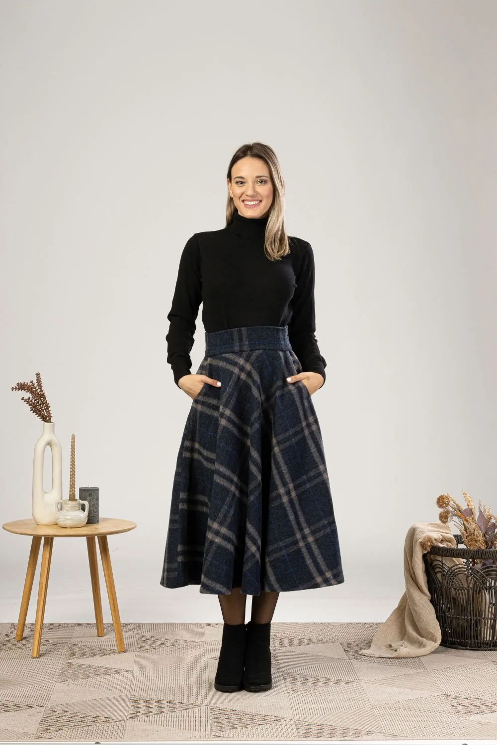 Dark Chocolate High Waist Wool Midi Skirt