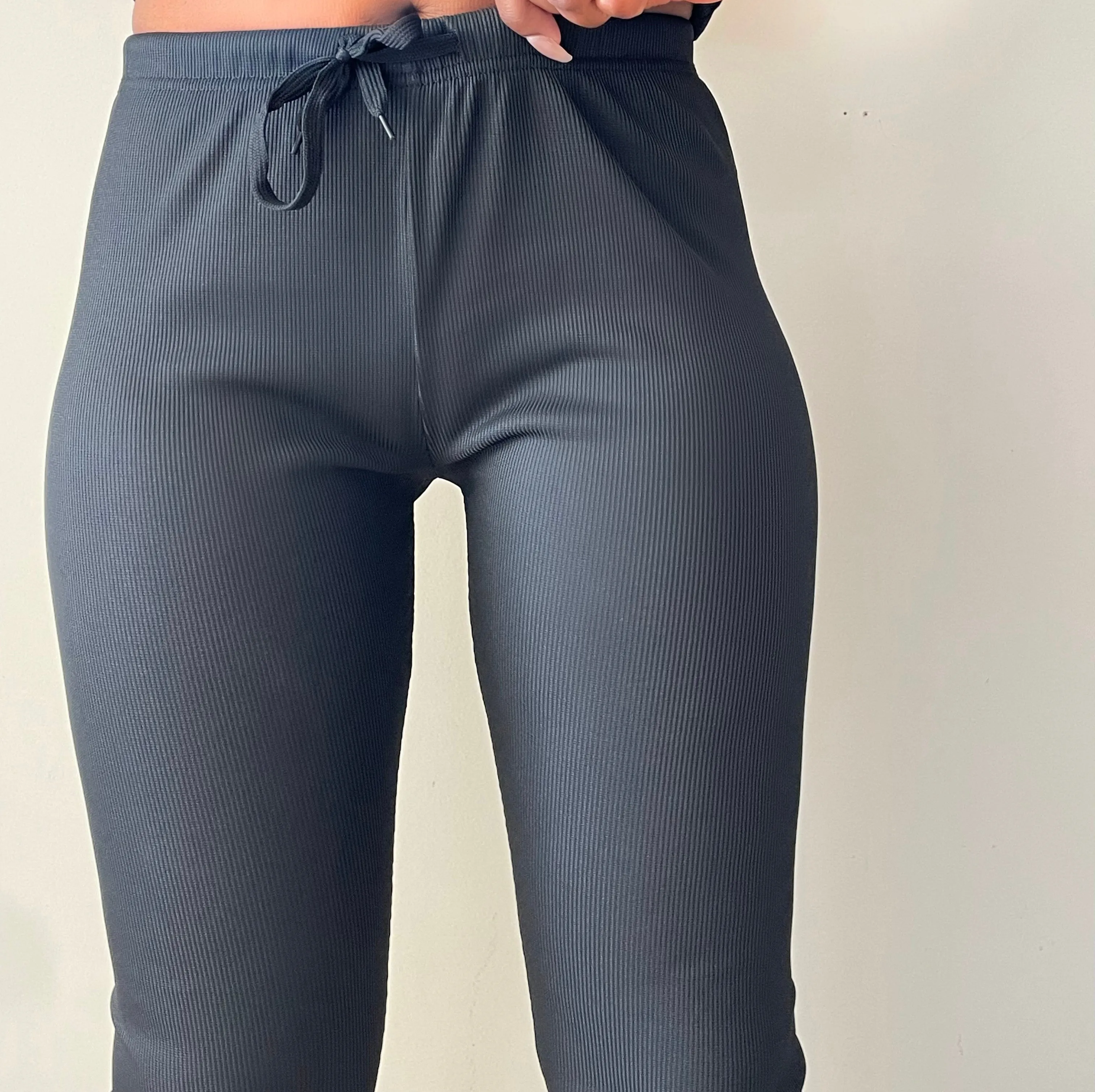 Drawstring Legging | Soire Ribbed Drawstring Pants Black