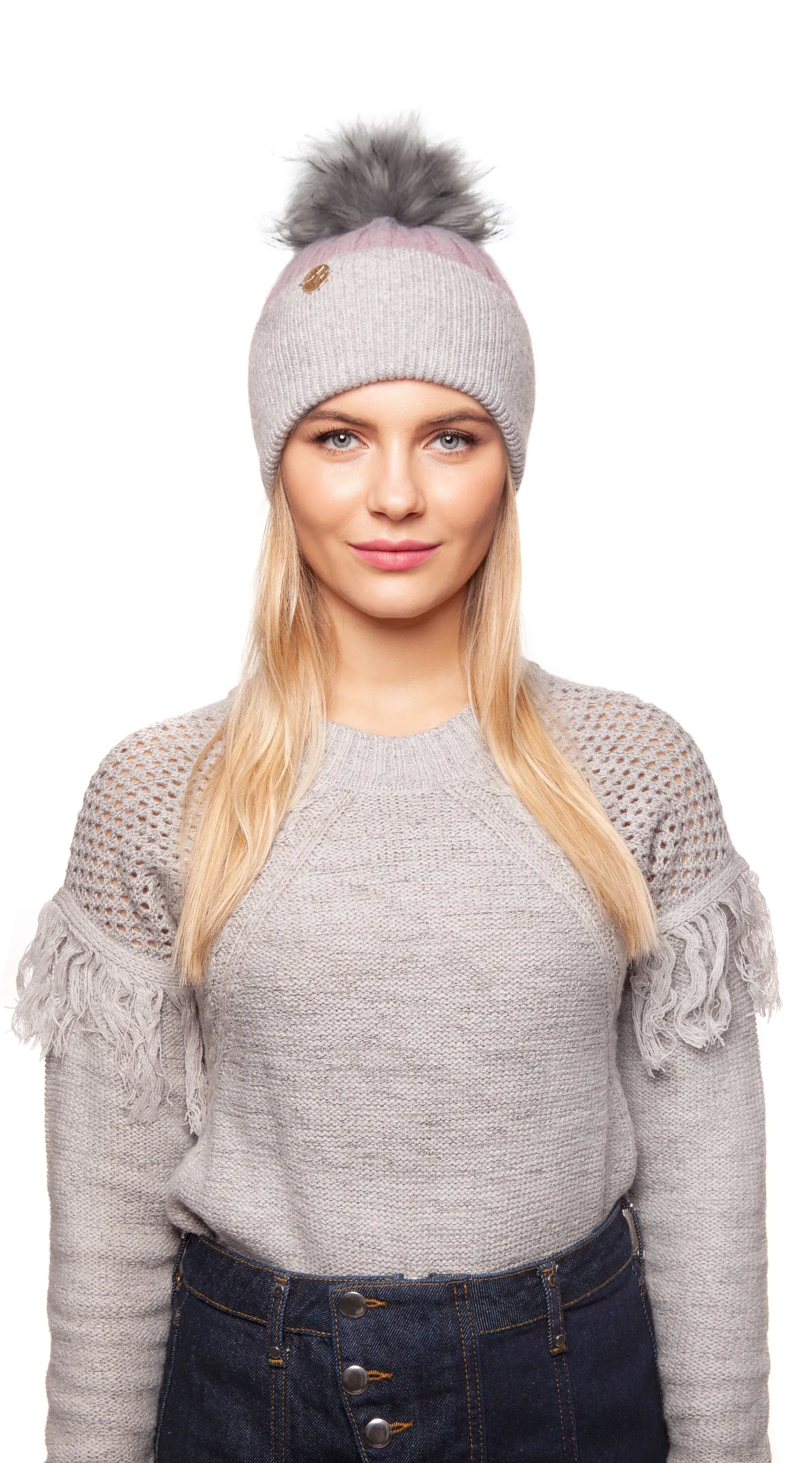 Faux Harley Pom Pom Hat - Mauve /Grey