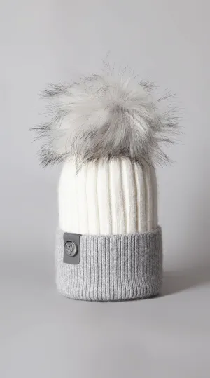 Faux Harley Pom Pom Hat - White/Grey