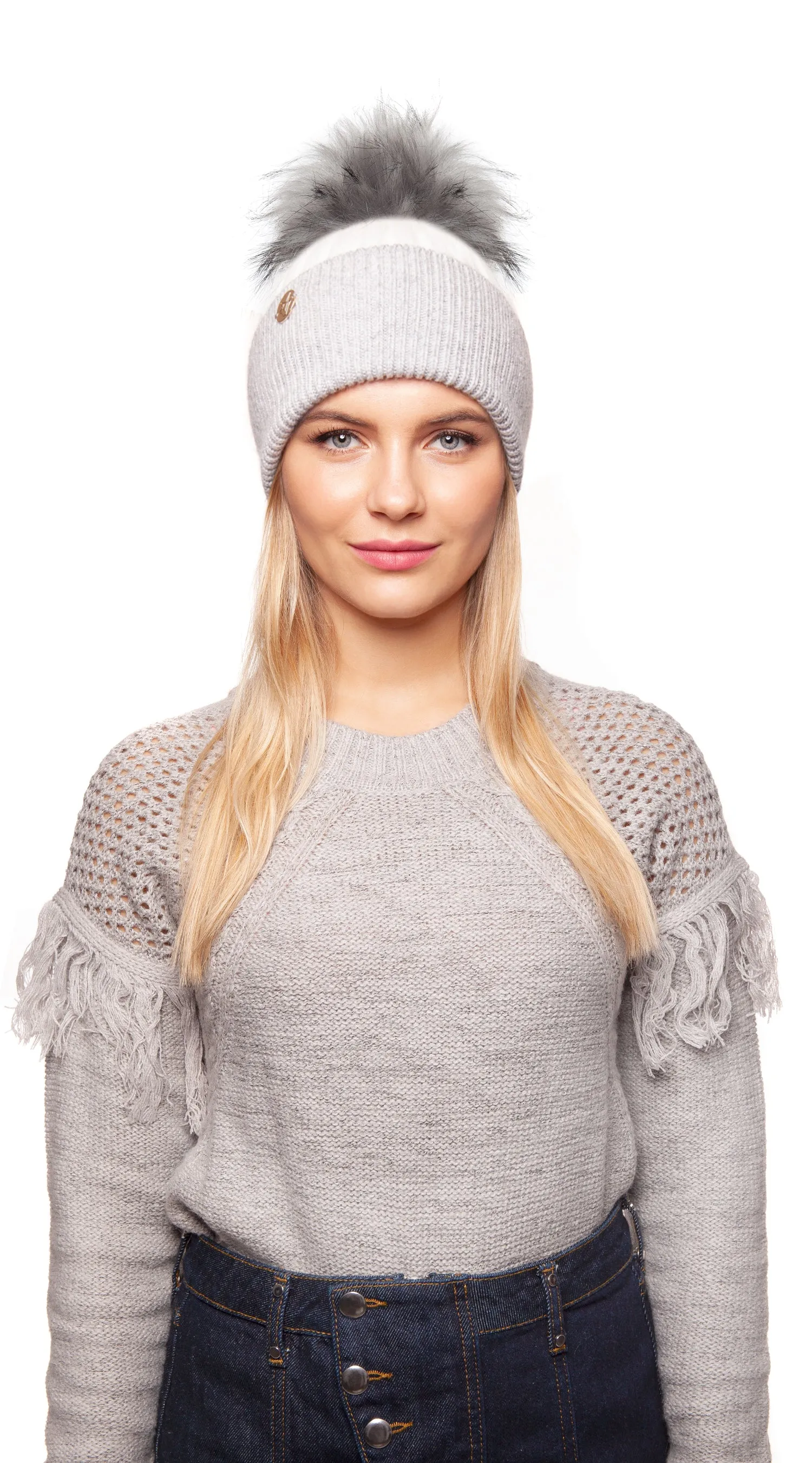 Faux Harley Pom Pom Hat - White/Grey