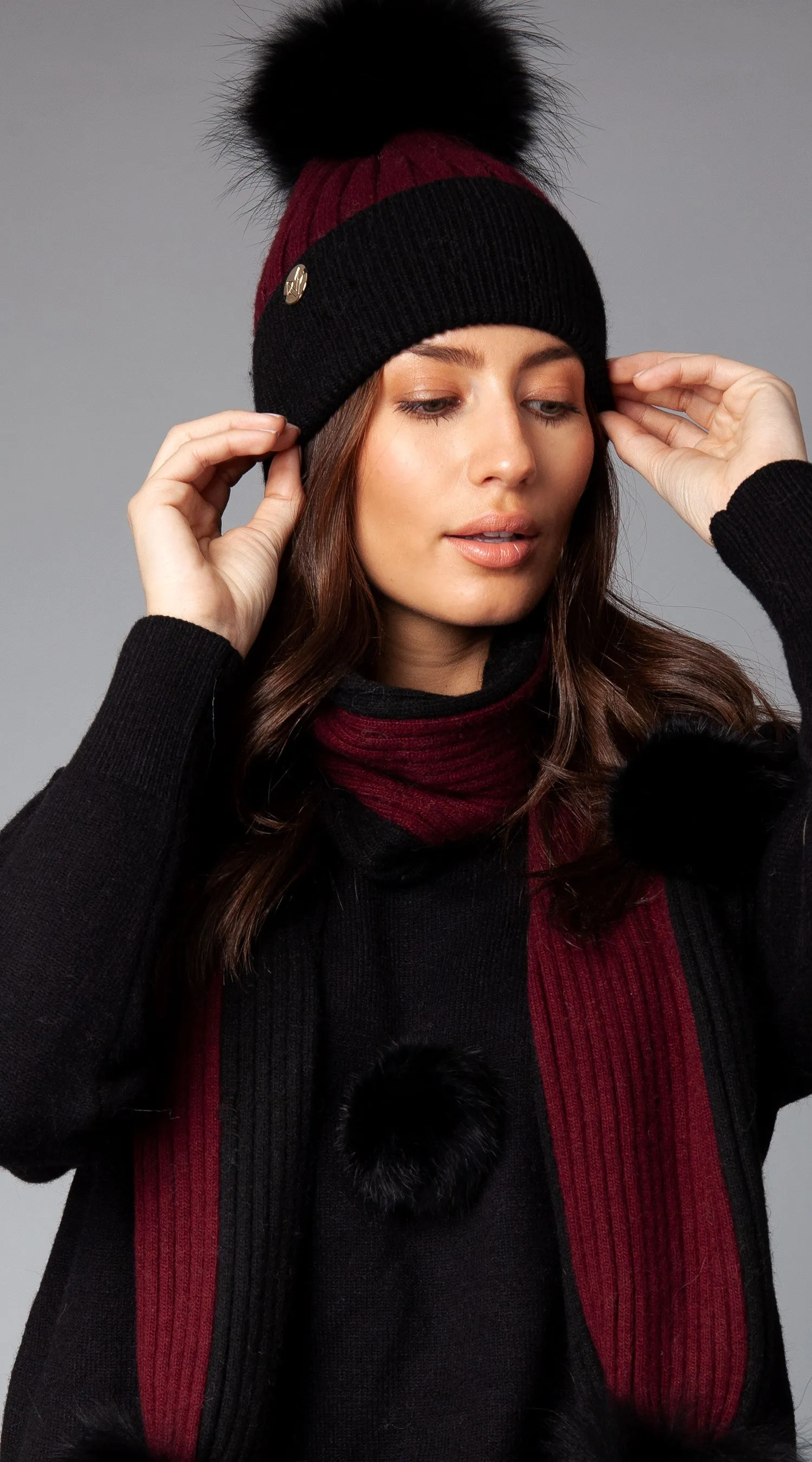 Faux Harley Pom Pom Hat - Wine/Black