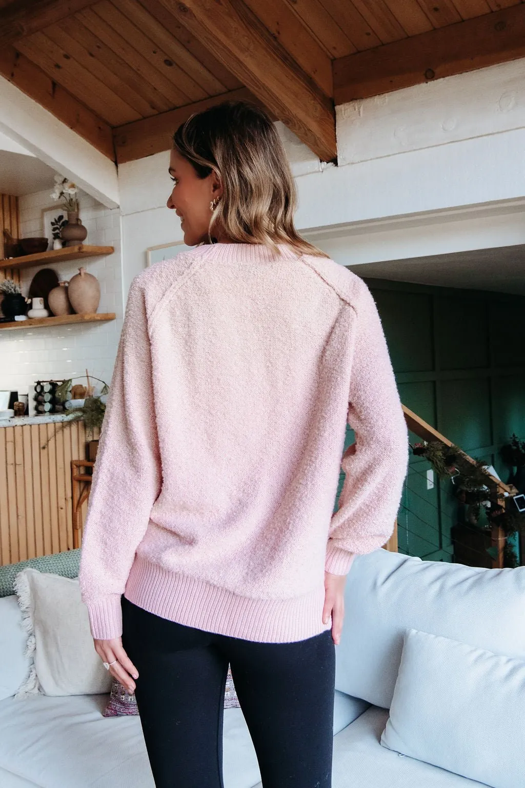 Fuzzy Pink Ribbed Pullover Sweater