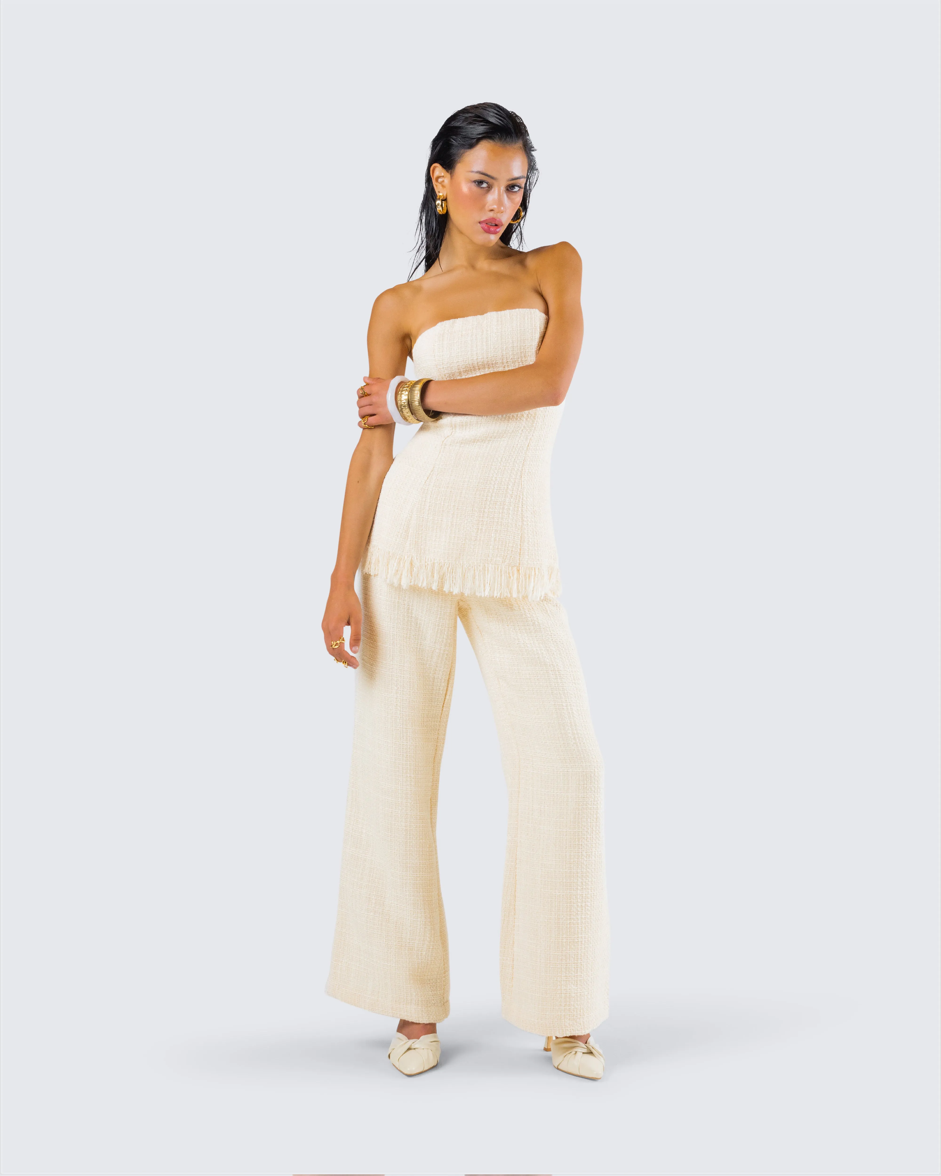 Havanah Ivory Tweed Mid Rise Pant