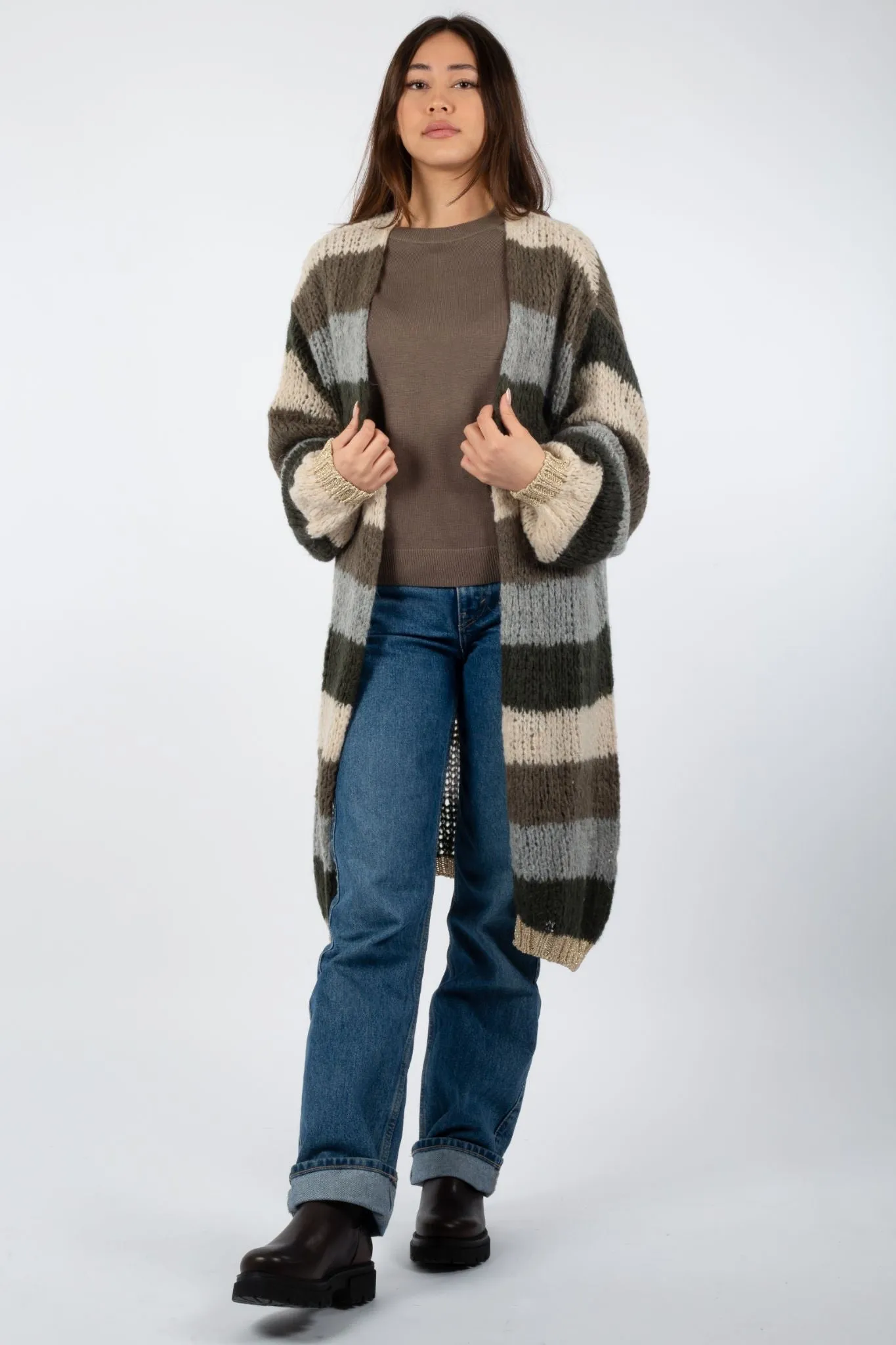 Kala Cardigan Long - Army/Beige Stripes