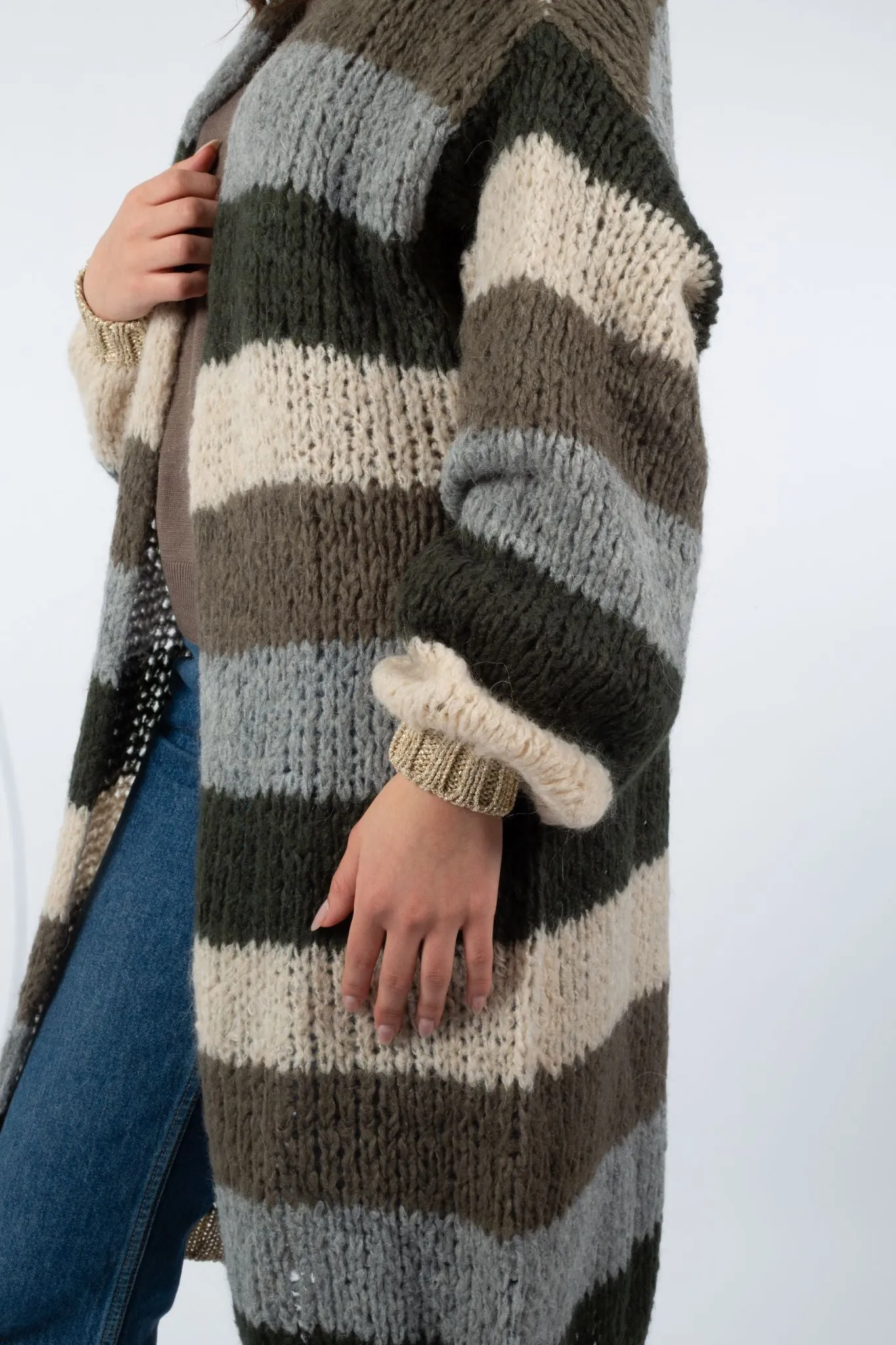 Kala Cardigan Long - Army/Beige Stripes