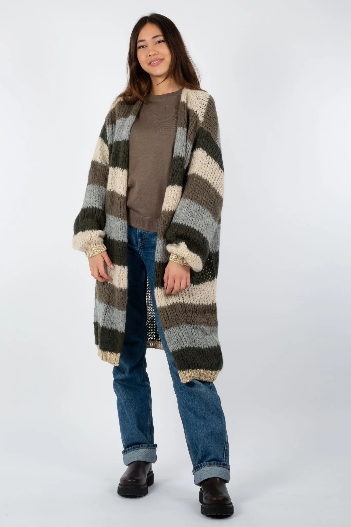 Kala Cardigan Long - Army/Beige Stripes