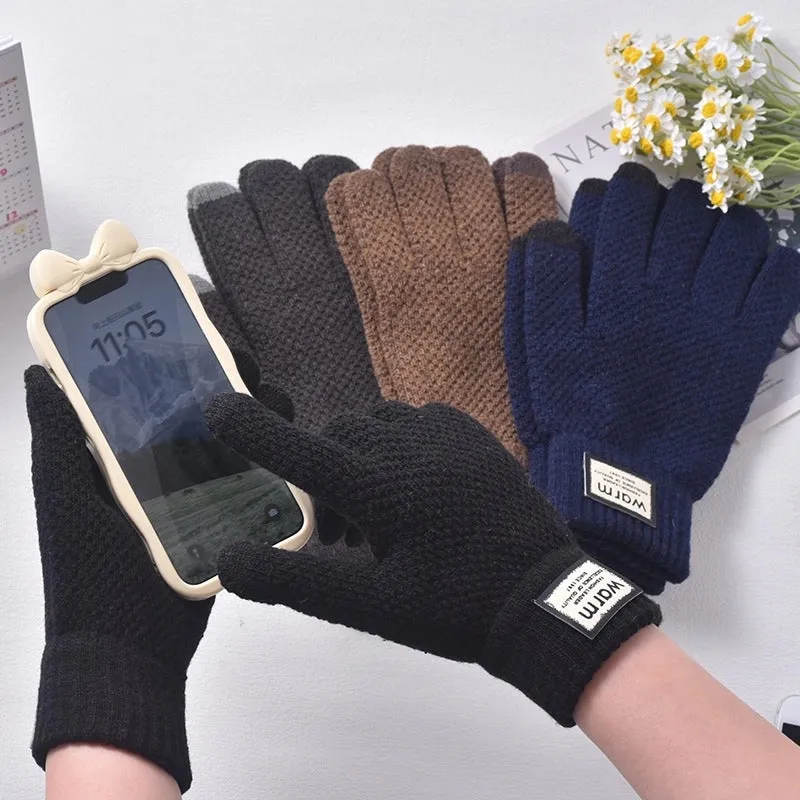 Knitted Wool Gloves Non-slip Five-finger Plus Velvet Finger Touch Screen Gloves For Men And Women Autumn And Winter Korean Version Of Thick Warm Cycling Gloves