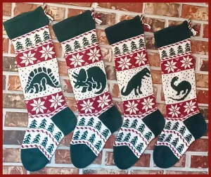 Large Knit Personalizable Wool Dinosaur Christmas Stockings - Matching Dinosaur Christmas Stockings