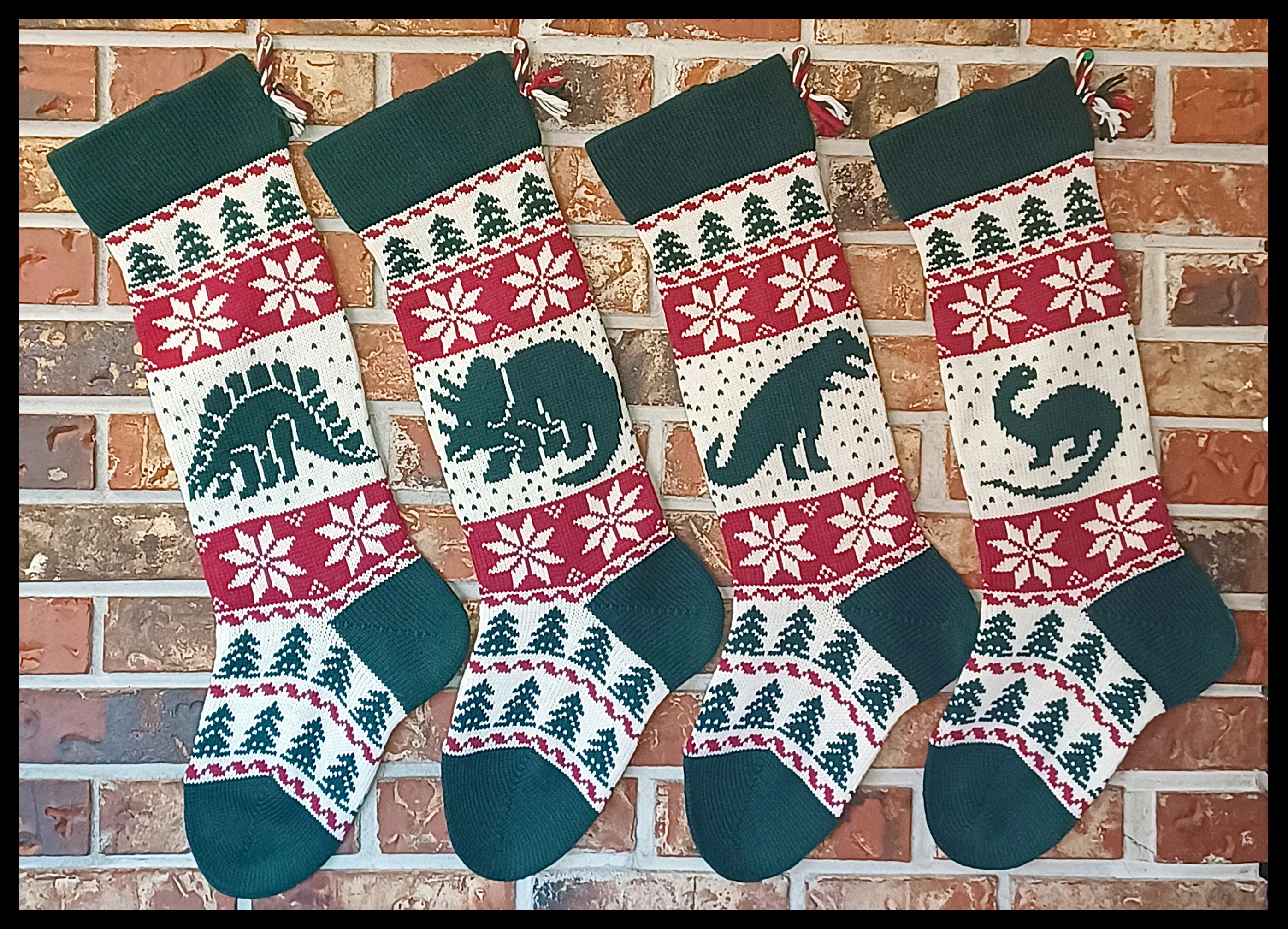 Large Knit Personalizable Wool Dinosaur Christmas Stockings - Matching Dinosaur Christmas Stockings