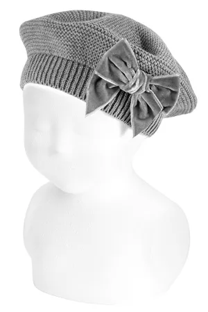 Light Grey Velvet Bow Beret