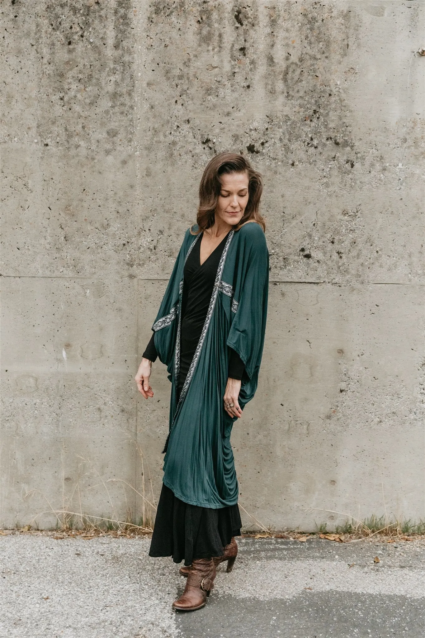 Long Cocoon Coat - Teal w/Trim