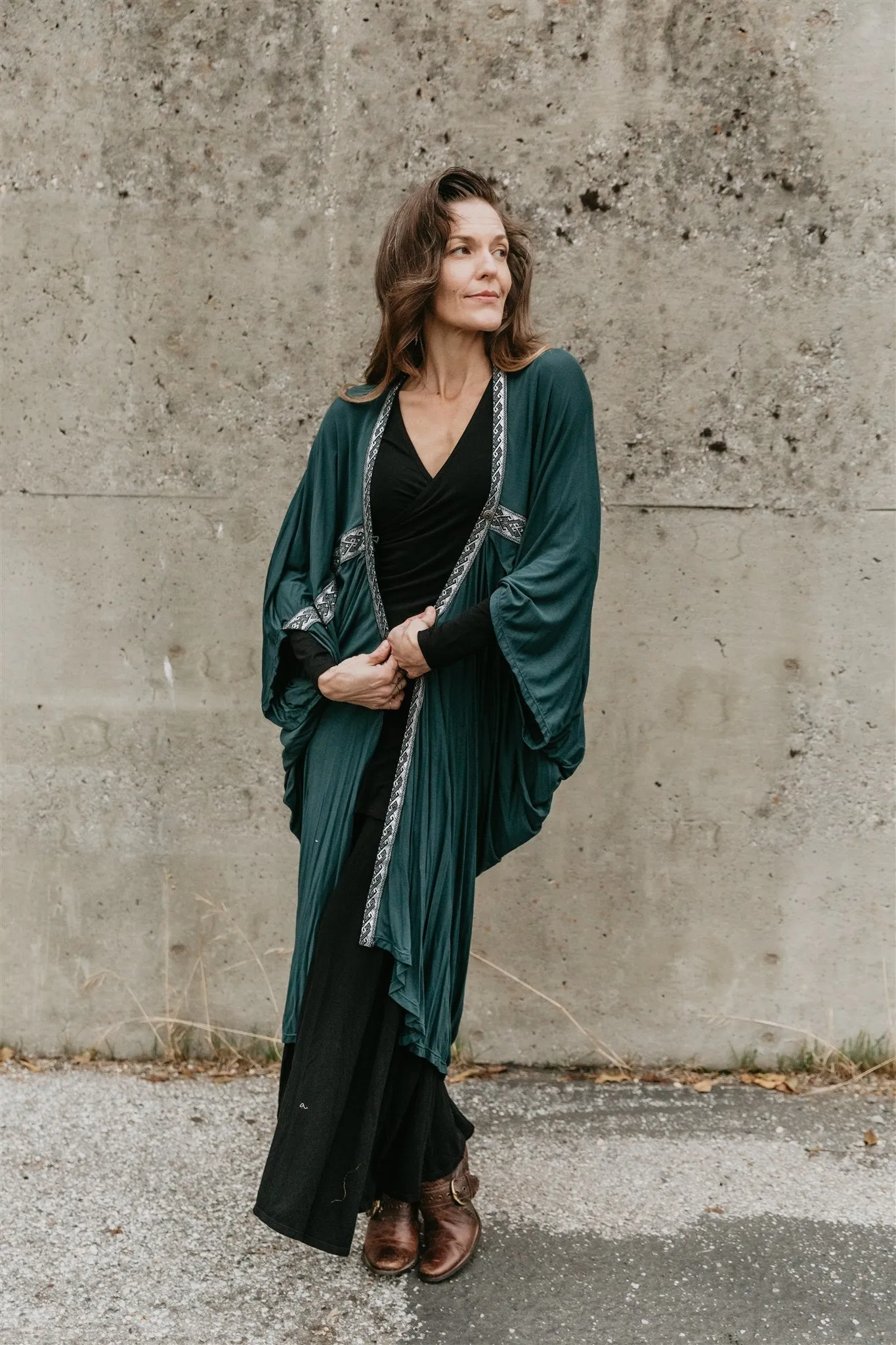 Long Cocoon Coat - Teal w/Trim