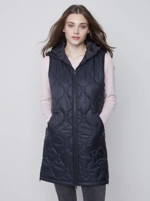 Long Quilted Puffer Vest with Hood