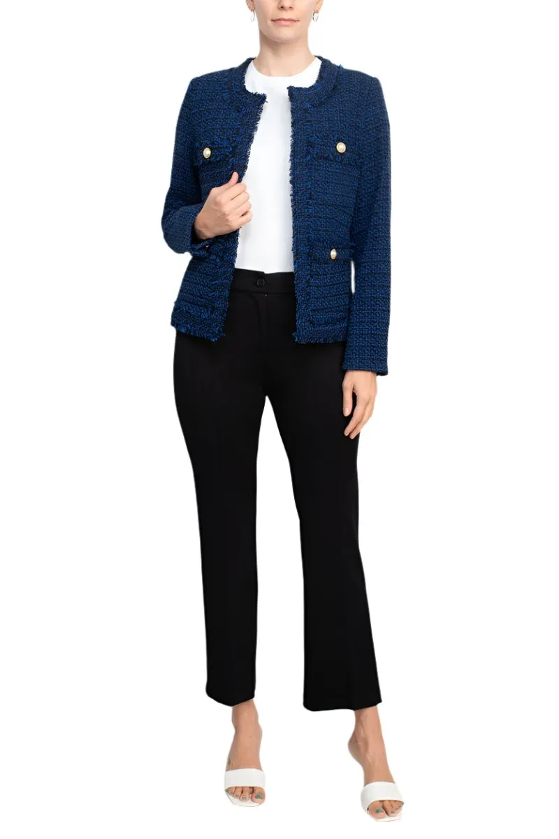 Nanette Lepore open front long sleeve tweed jacket with pockets with mid waist straight ponte pant