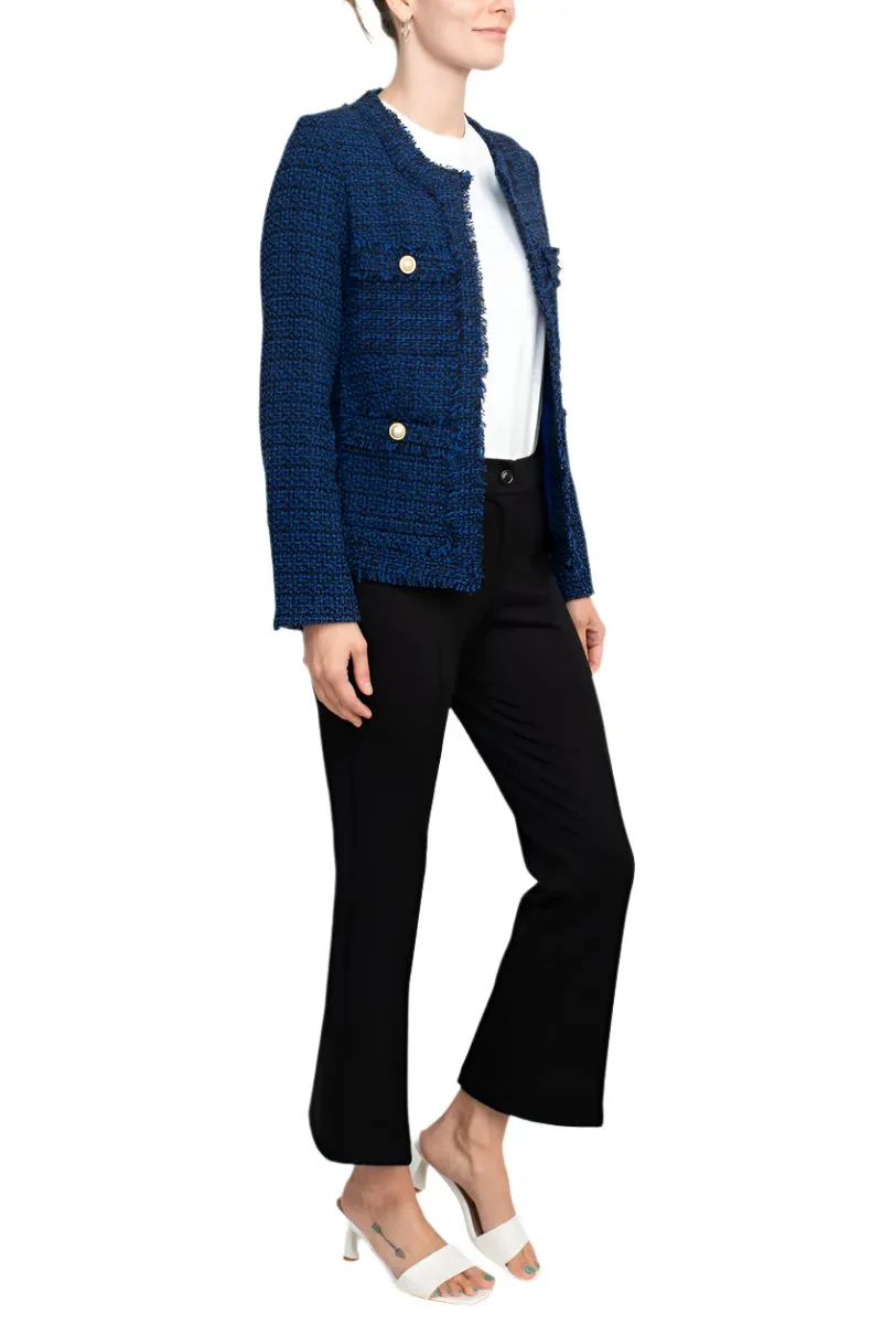 Nanette Lepore open front long sleeve tweed jacket with pockets with mid waist straight ponte pant