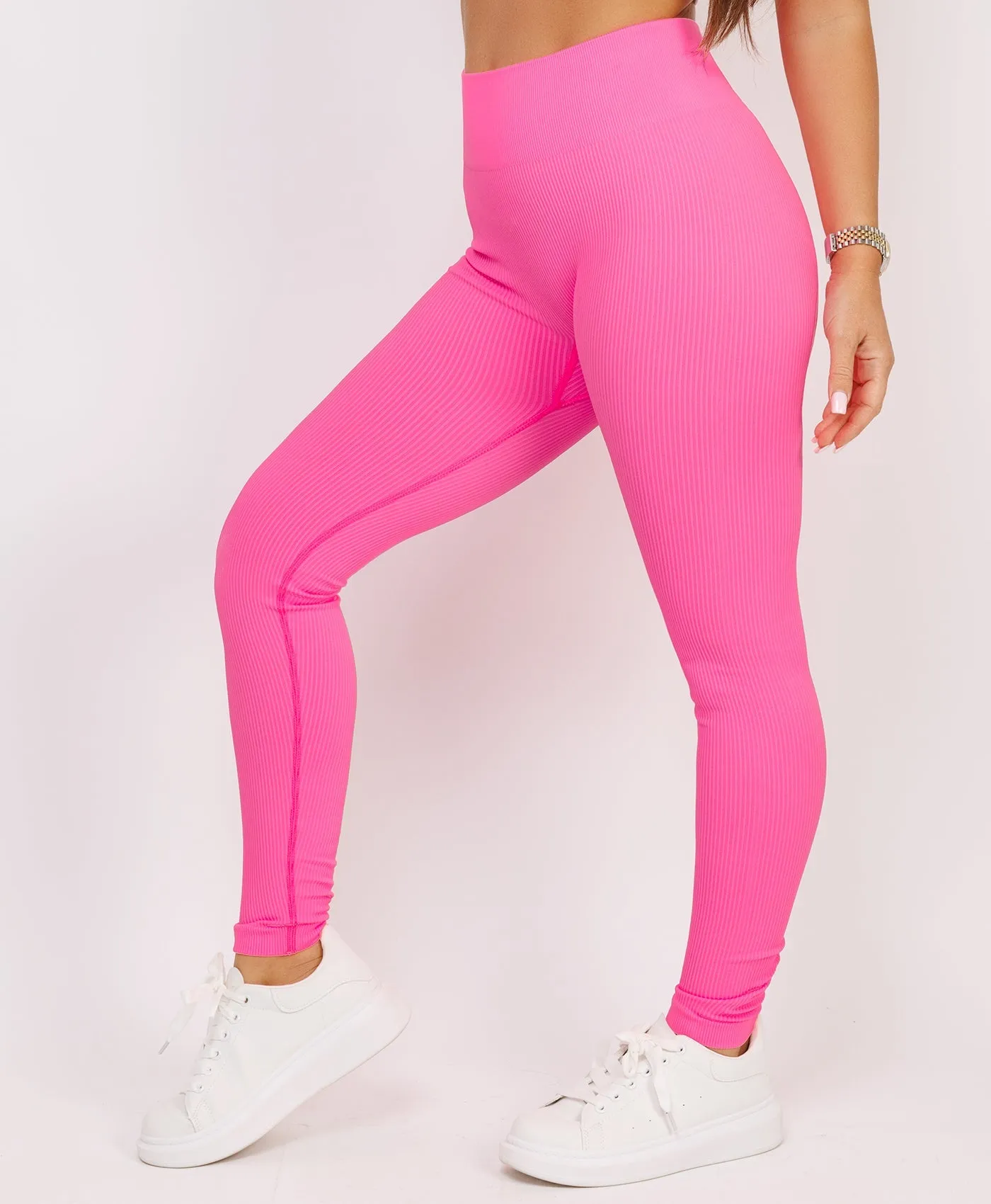 Neon Pink High Waist Ribbed Gym Leggings