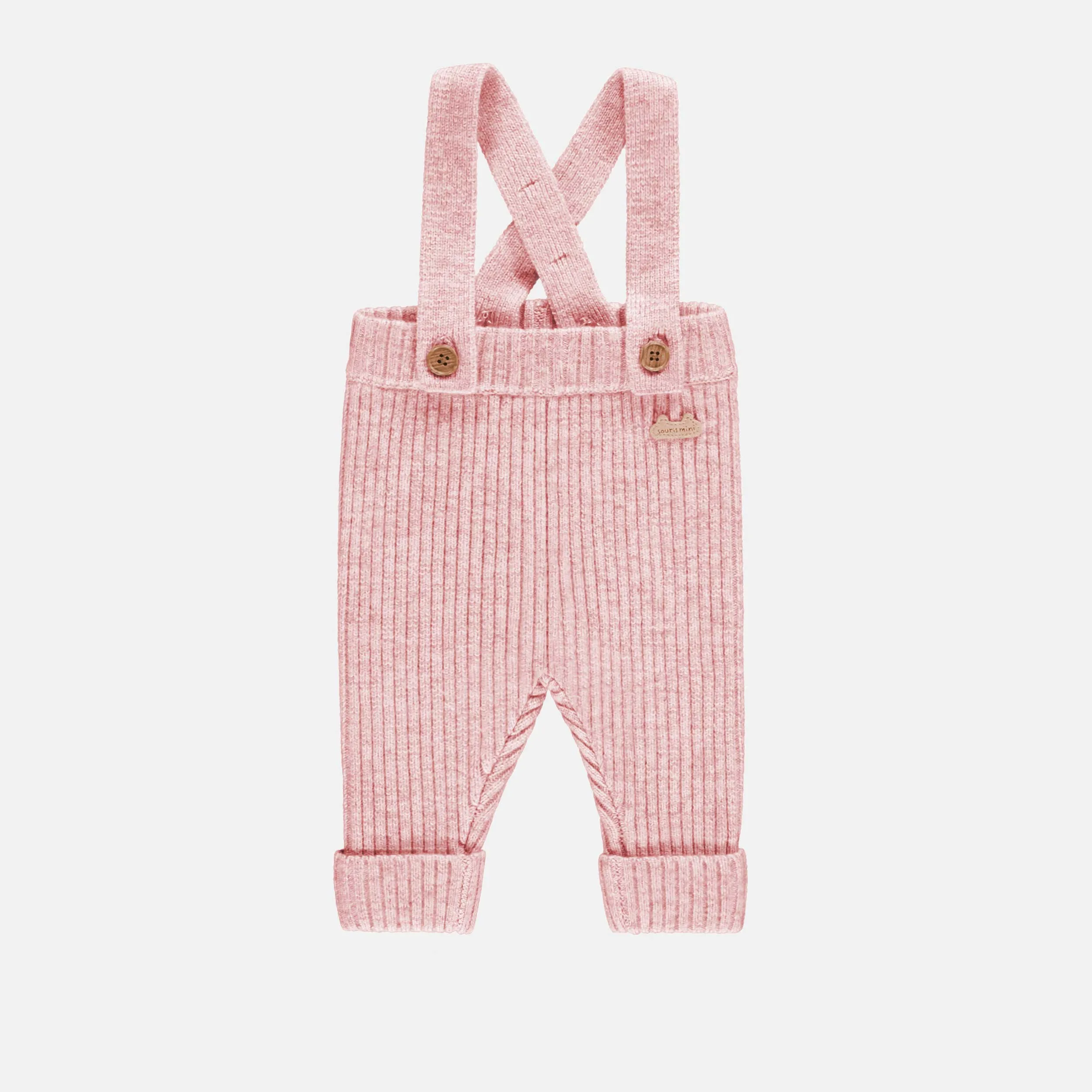 Pantalon en tricot rose chiné à bretelles effet angora, naissance || Pink mottled knit pants with straps in angora-effect, newborn