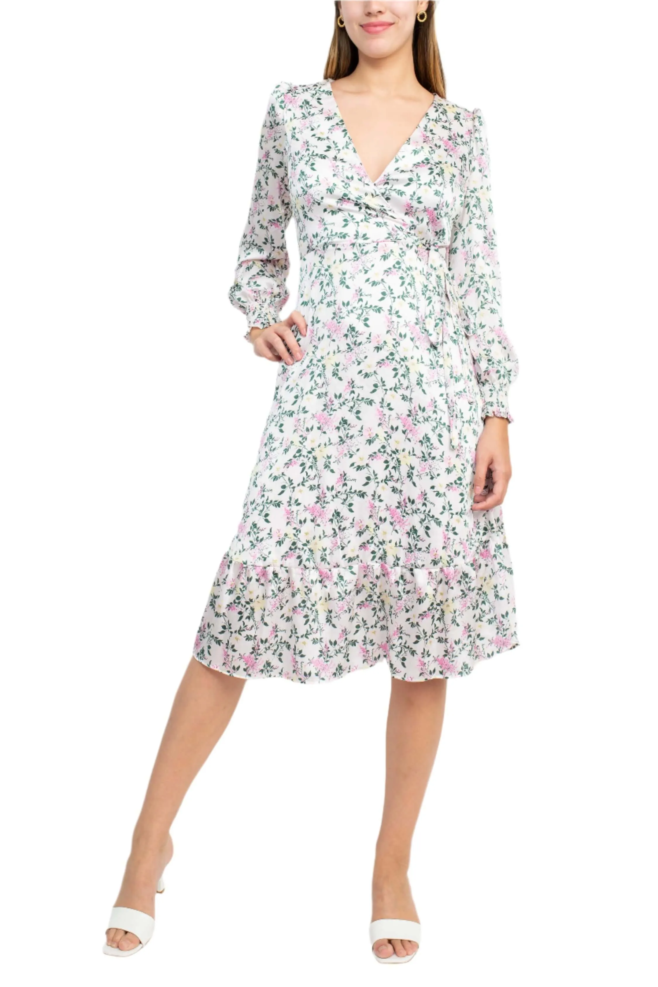 Sage Collective V-Neck Tie Side Long Sleeve Ruffled Cuff And Sleeve Floral Print Satin Dress