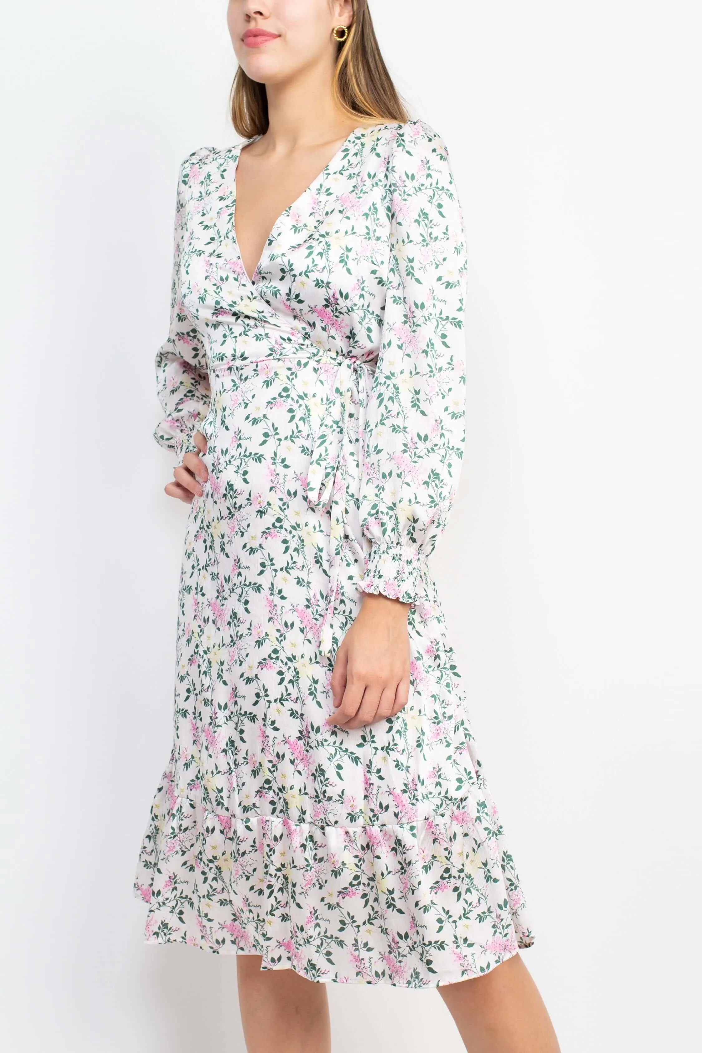 Sage Collective V-Neck Tie Side Long Sleeve Ruffled Cuff And Sleeve Floral Print Satin Dress