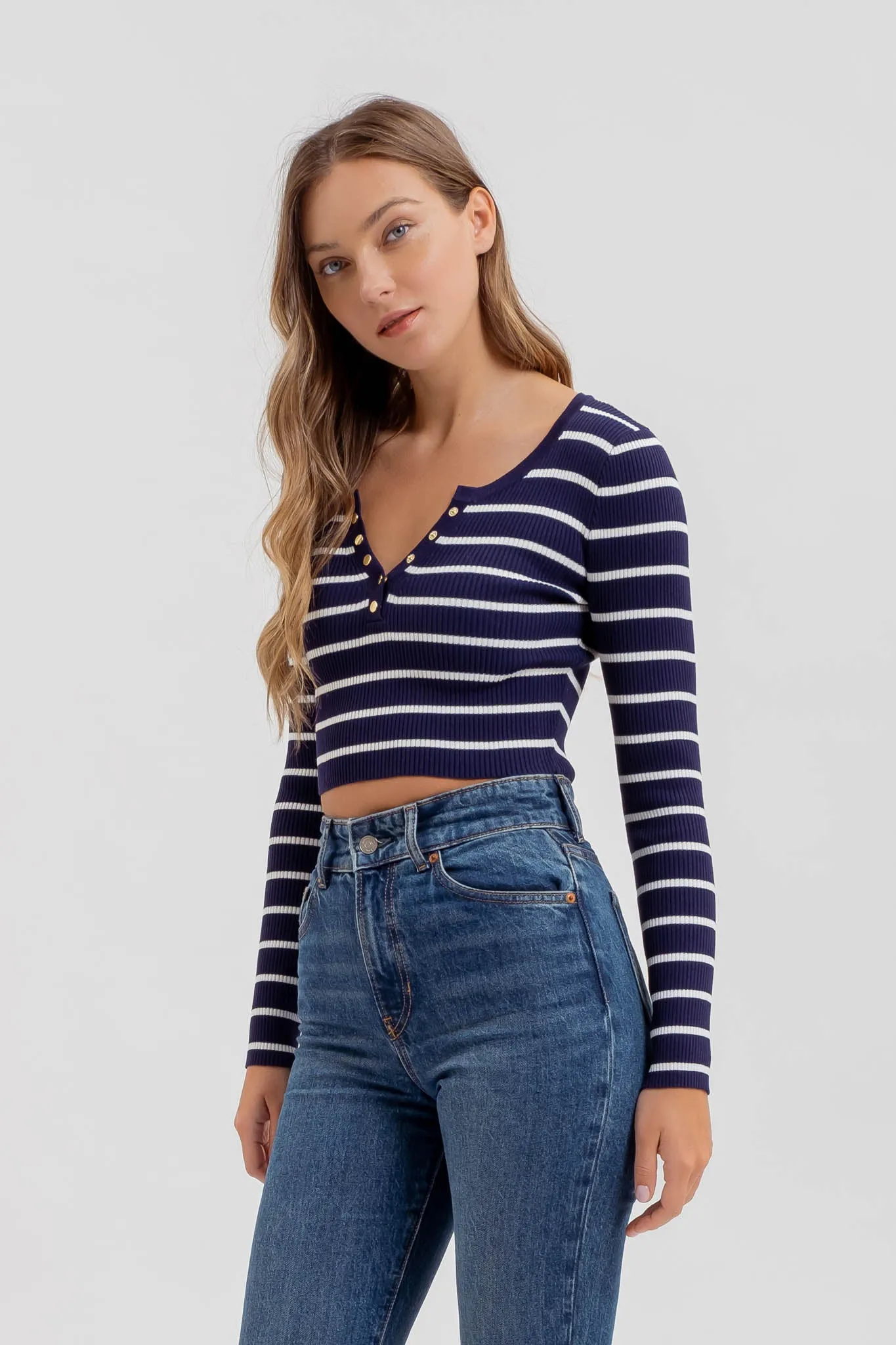 STRIPE HENLEY LONG SLEEVE SWEATER KNIT CROP TOP