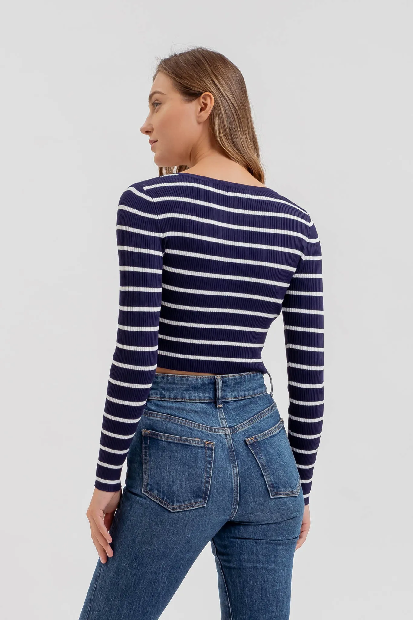 STRIPE HENLEY LONG SLEEVE SWEATER KNIT CROP TOP