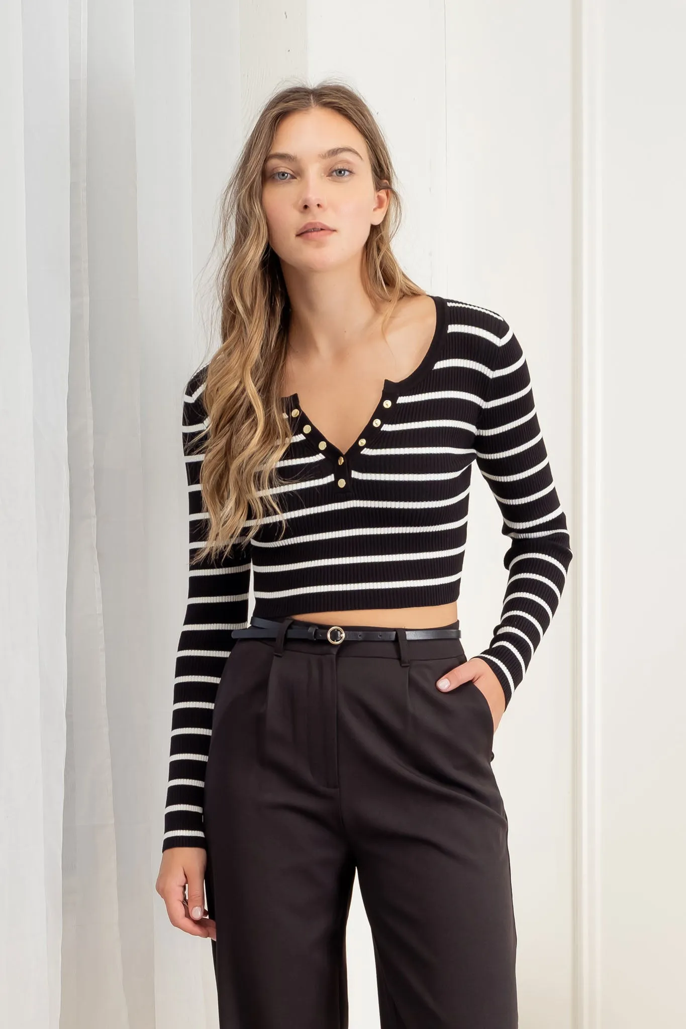 STRIPE HENLEY LONG SLEEVE SWEATER KNIT CROP TOP