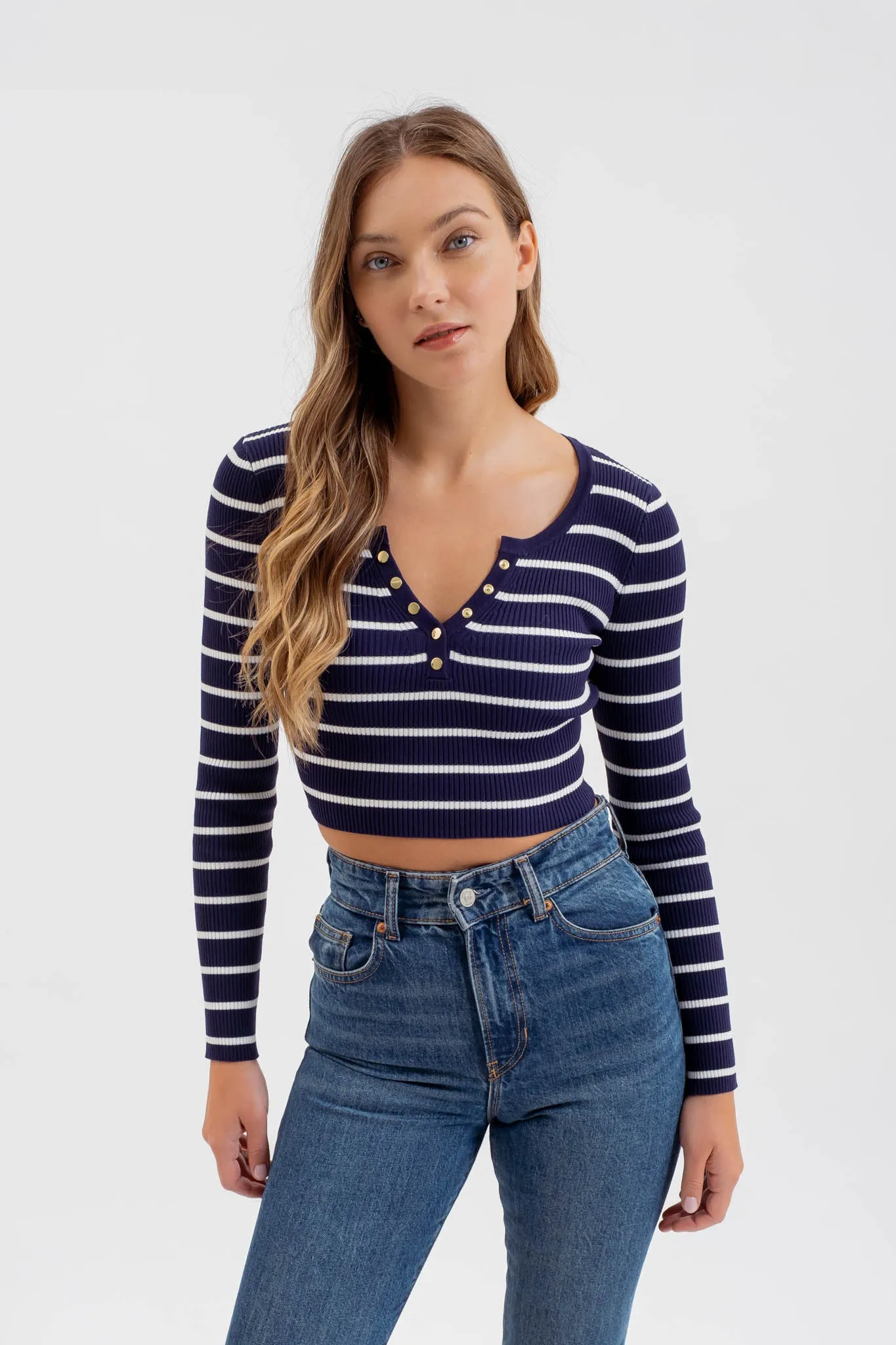 STRIPE HENLEY LONG SLEEVE SWEATER KNIT CROP TOP