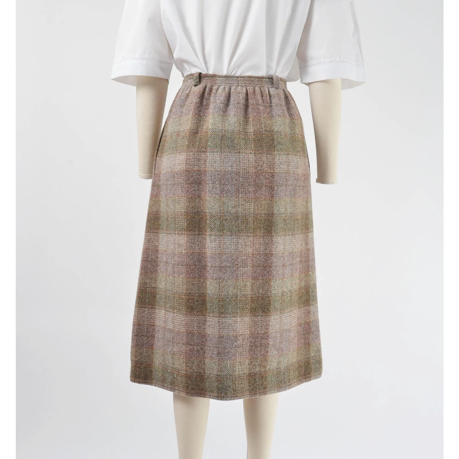 Vintage 70s Brown Plaid Skirt Elastic Waist Straight Midi Skirt with Pockets size XS