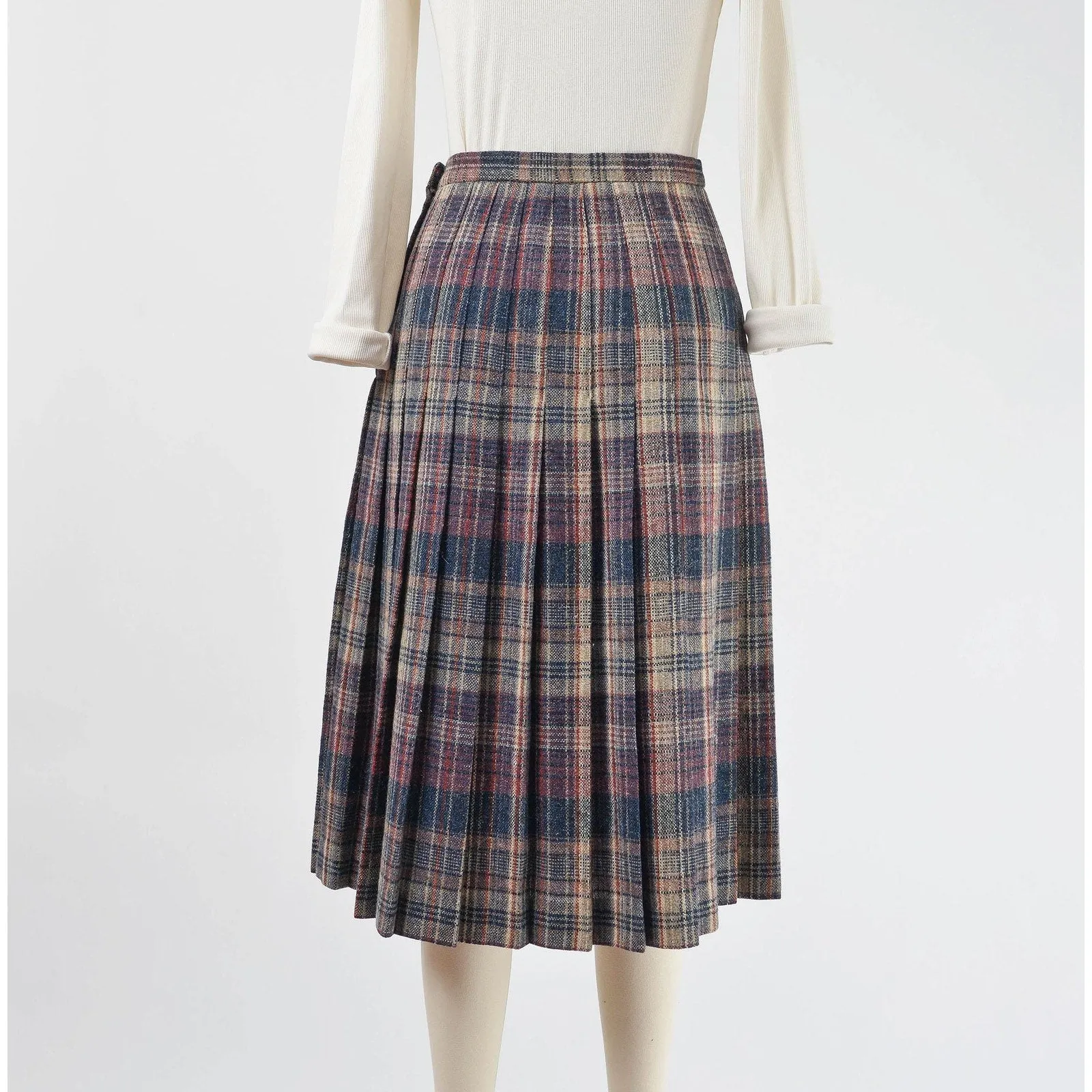 Vintage 70s Plaid Pleated Wool Skirt Preppy Academia Midi Skirt size Small