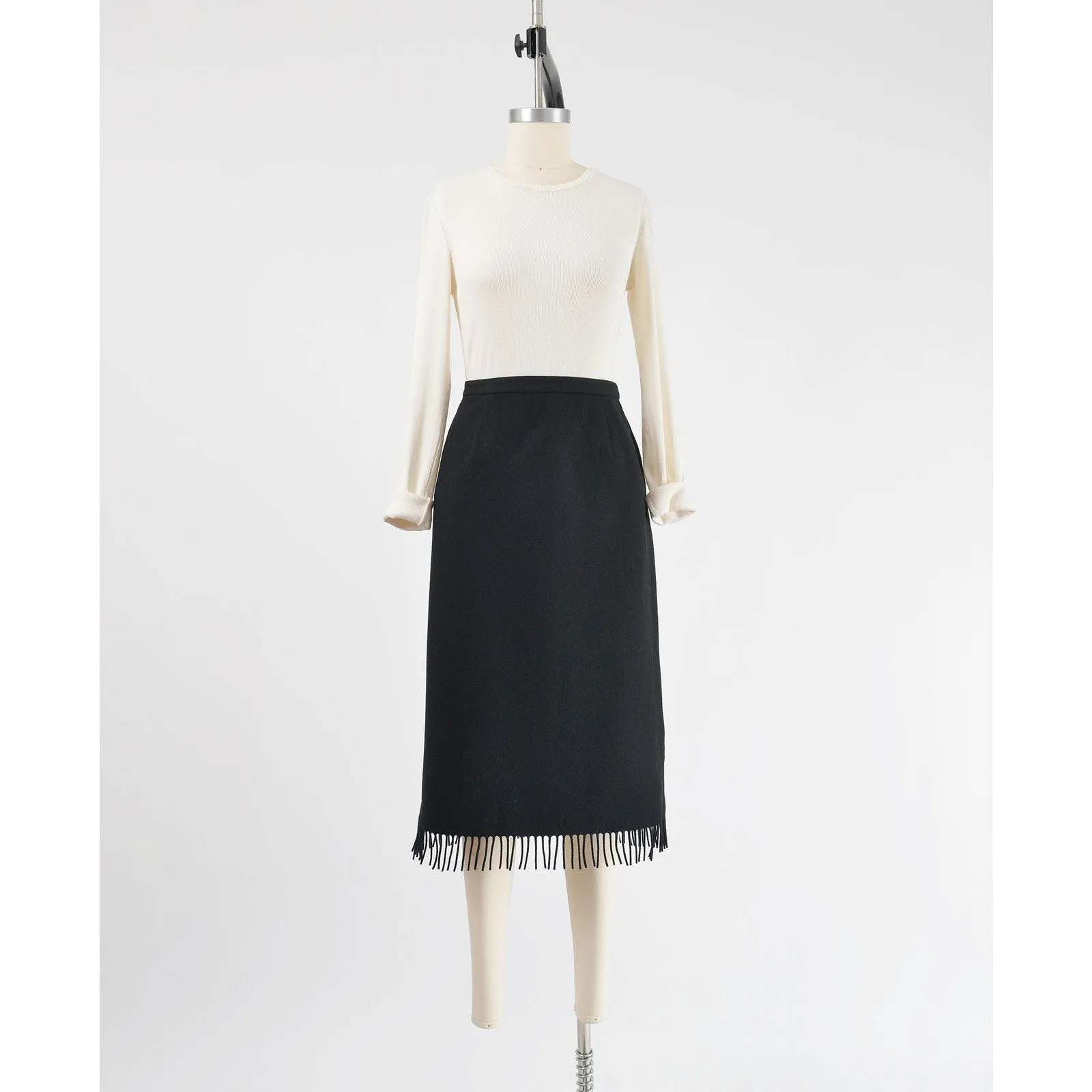 Vintage 90s Black Wool Fringe Skirt High Waisted Midi Length Pencil M