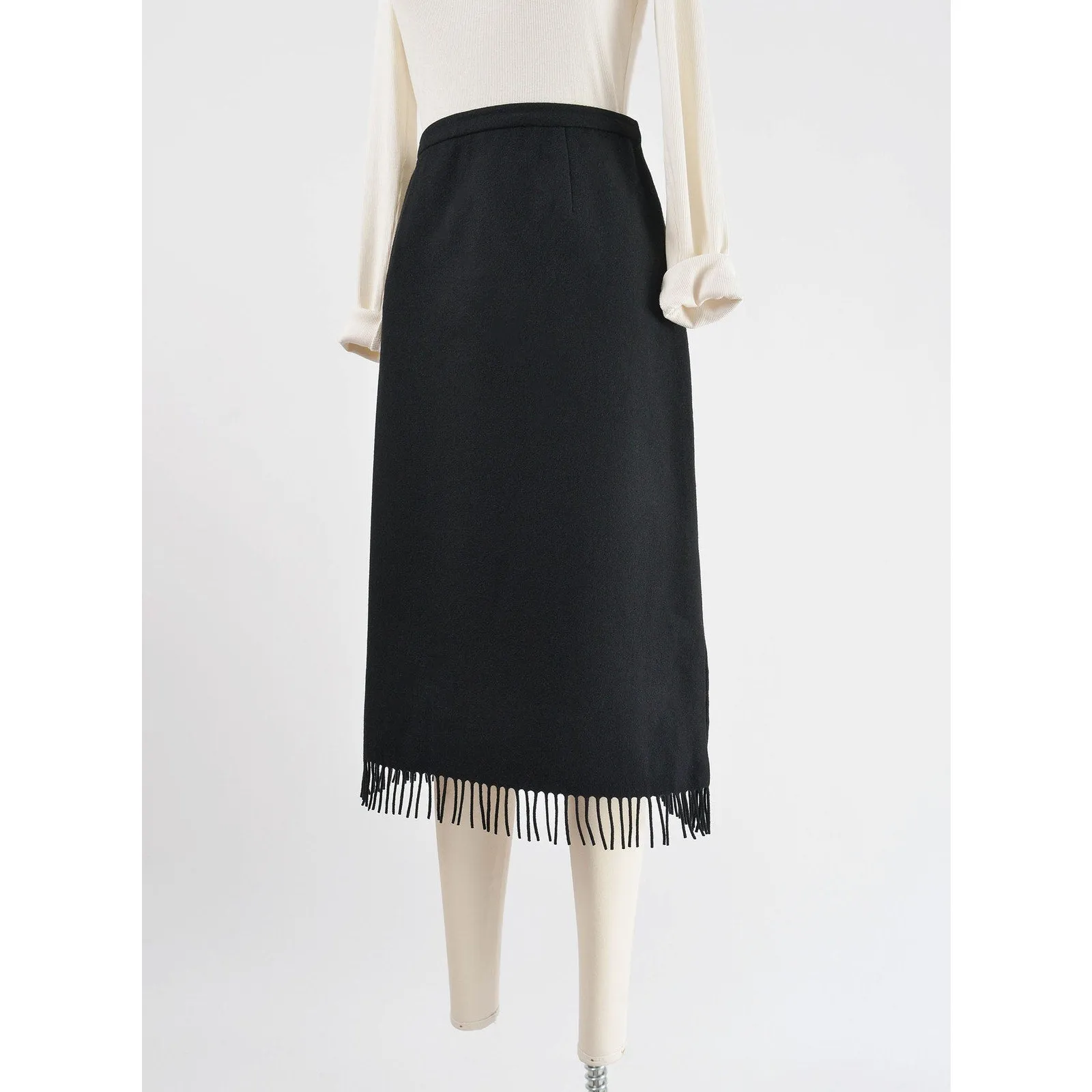 Vintage 90s Black Wool Fringe Skirt High Waisted Midi Length Pencil M