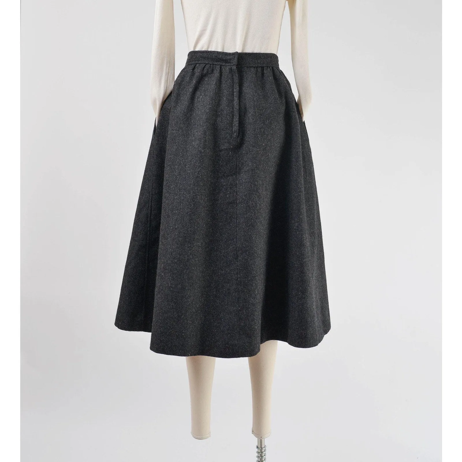 Vintage Dark Gray Wool Skirt A-line Pleated Front Midi Skirt with Pockets size Medium