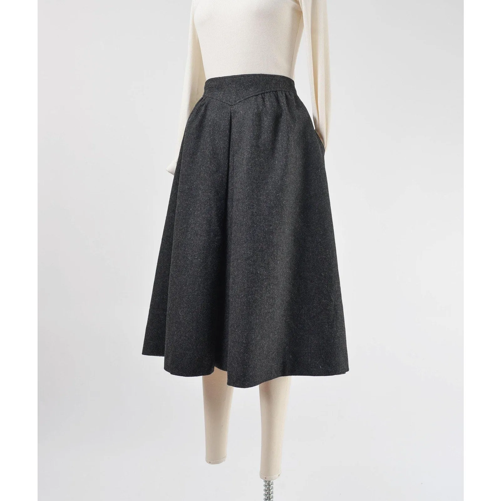 Vintage Dark Gray Wool Skirt A-line Pleated Front Midi Skirt with Pockets size Medium