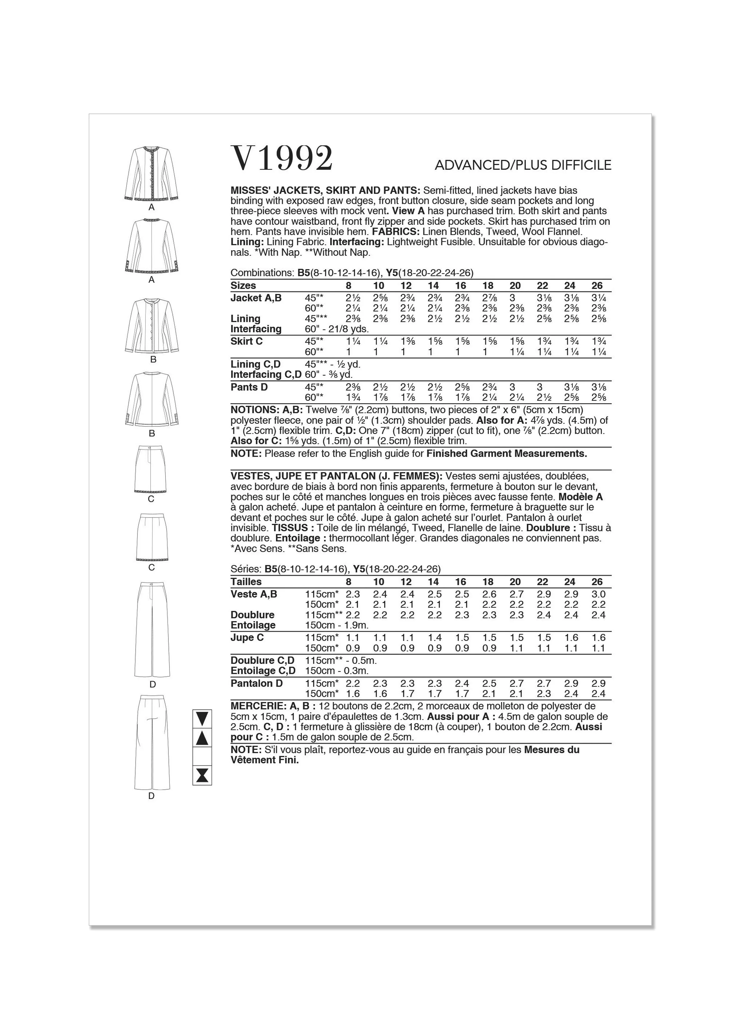 Vogue Sewing Pattern 1992 Misses' Jackets, Skirt and Pants