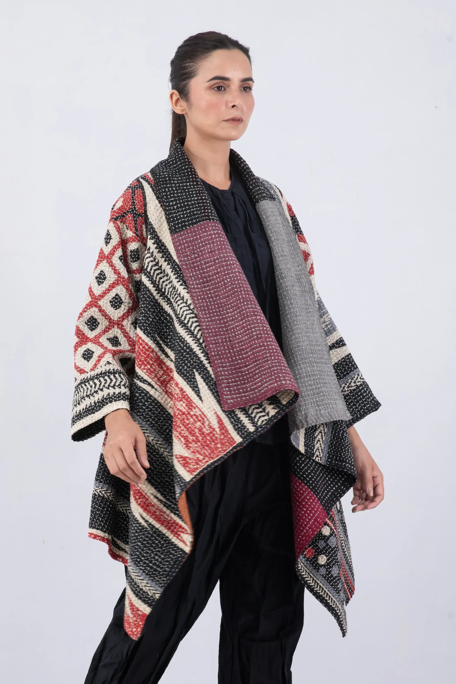 WAFFLE KANTHA MONOTONE IKAT DOUBLE WRAP JKT - wi3056-red -